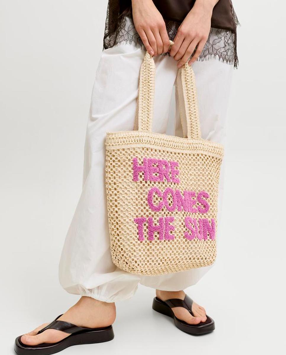 Mala Shopper Grande com Efeito de Ráfia Natural-5