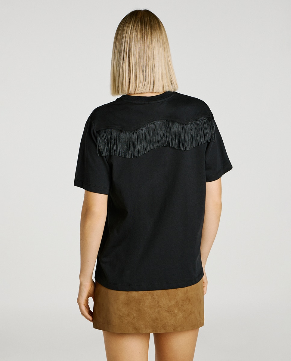T-shirt com Detalhe de Franjas Preto-4