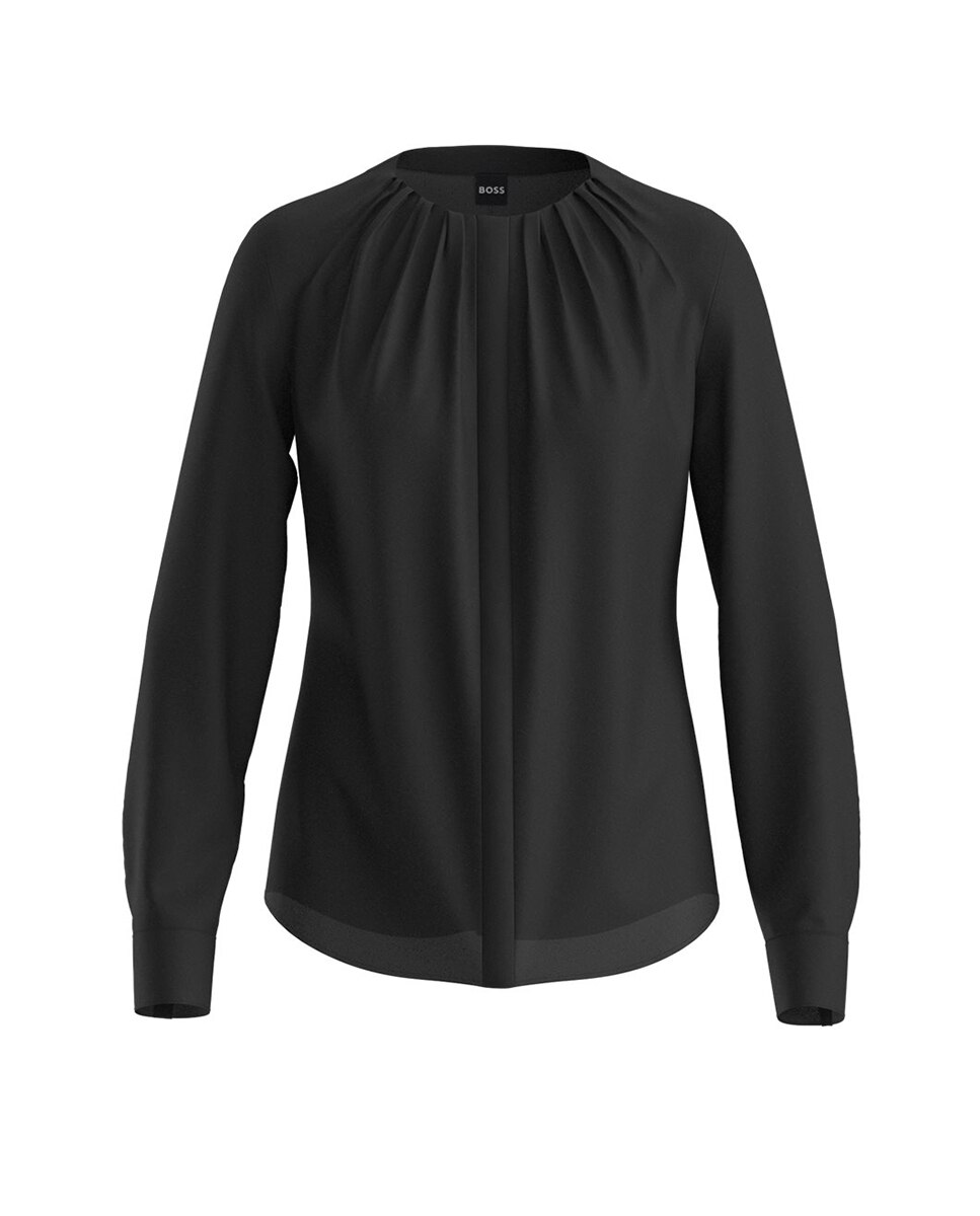 Blusa con cuello fruncido en crepé de China de seda elástica - Boss - Negro Negro-1