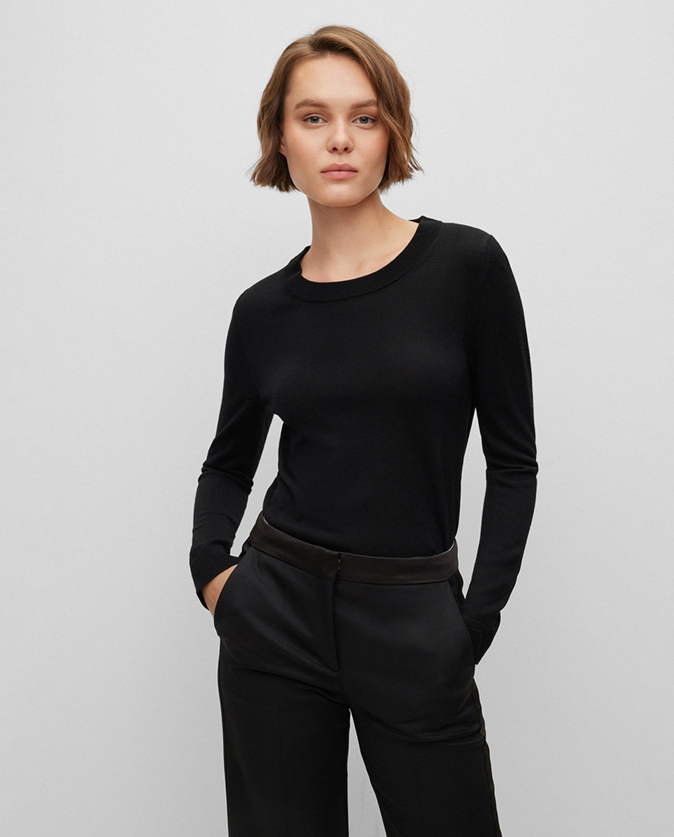 Camisola de malha lisa com manga comprida Preto-1