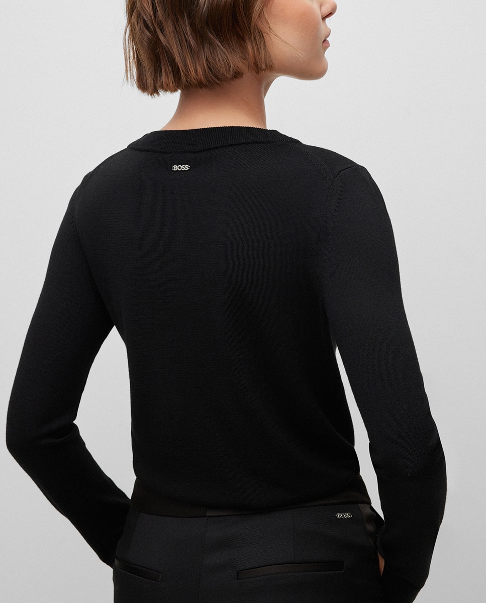 Camisola de malha lisa com manga comprida Preto-3