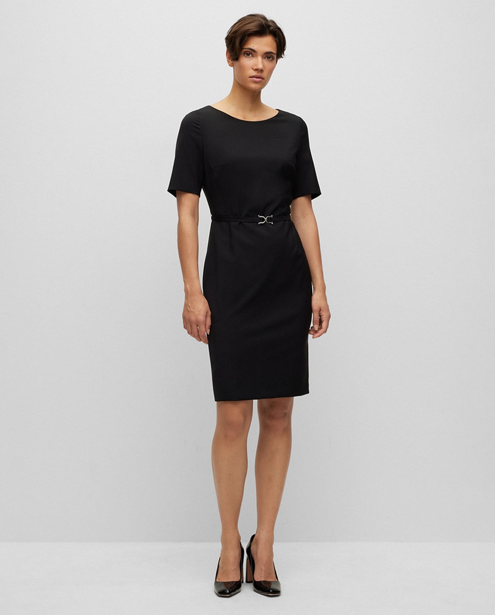 Vestido Slim Fit com Detalhe de Cinto e em Lã Virgem Preto-1