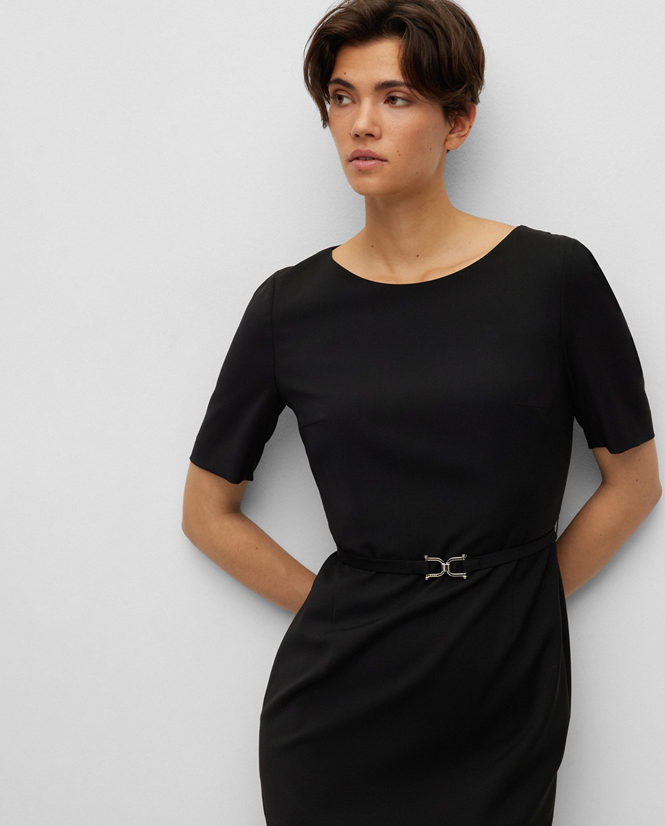 Vestido Slim Fit com Detalhe de Cinto e em Lã Virgem Preto-3