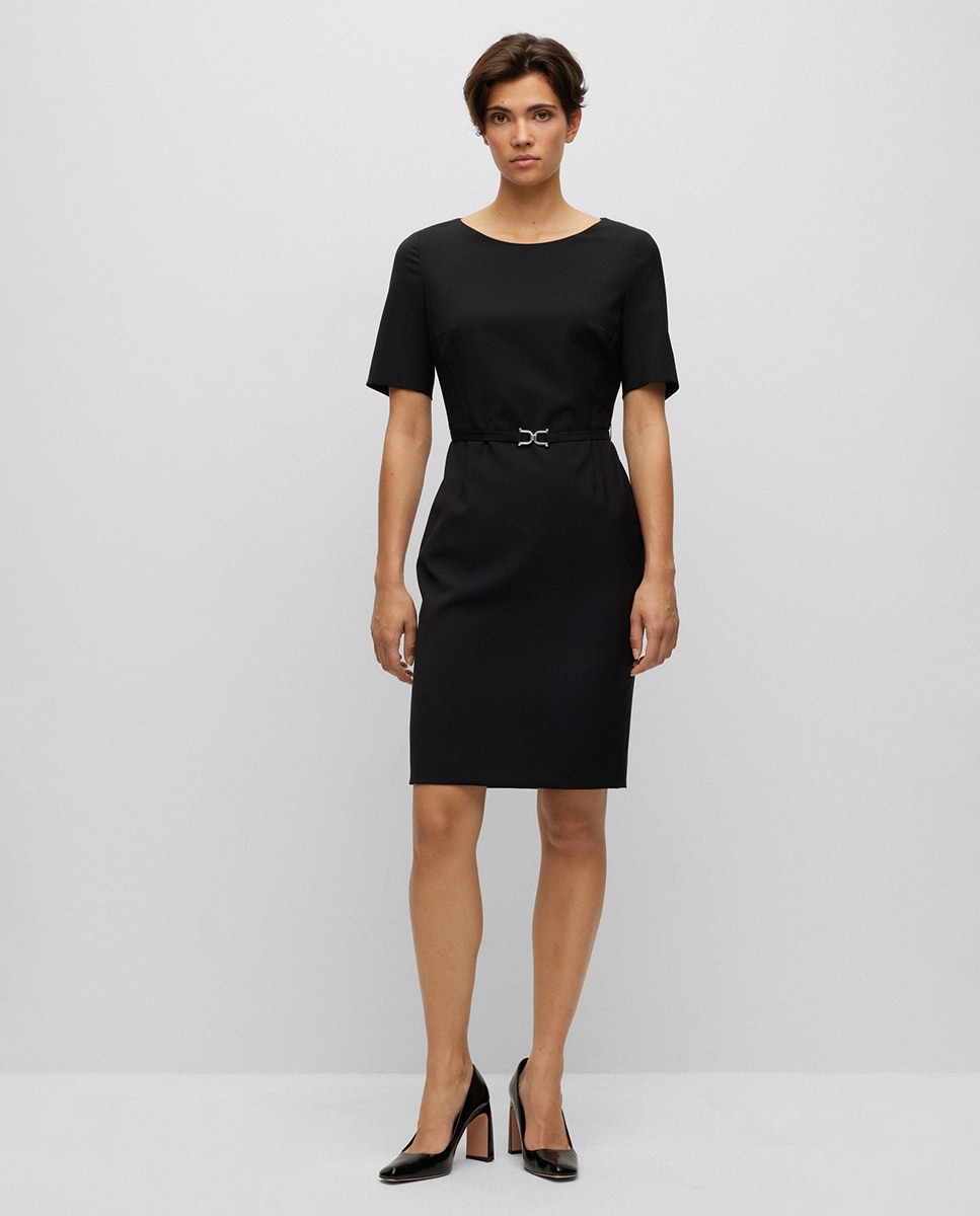 Vestido Slim Fit com Detalhe de Cinto e em Lã Virgem Preto-6