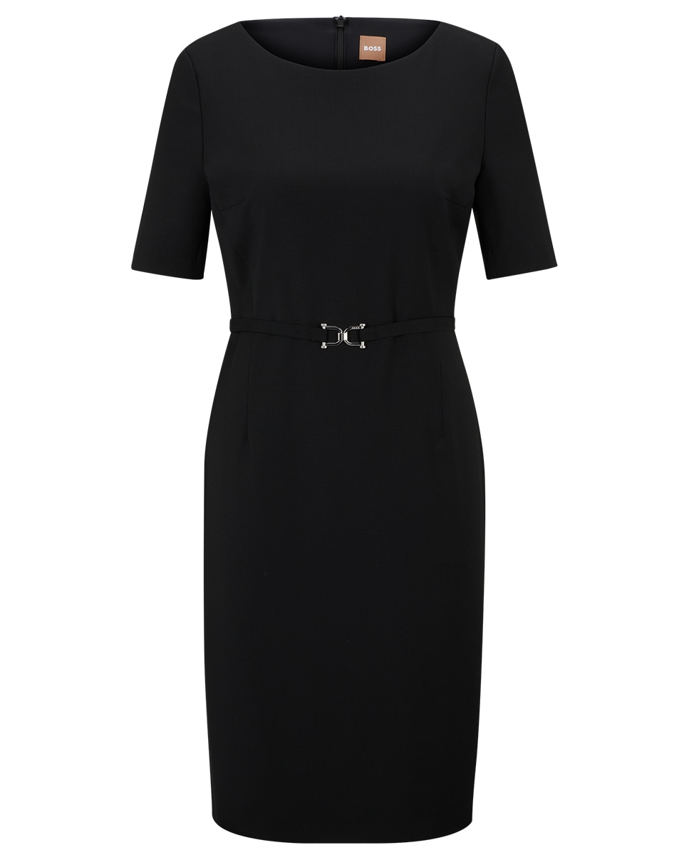 Vestido Slim Fit com Detalhe de Cinto e em Lã Virgem Preto-5