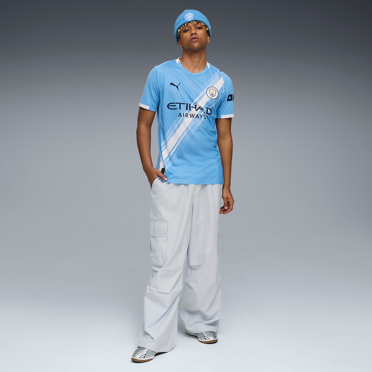T-shirt de Futebol de Homem MCFC Home Jersey Réplica Azul-5