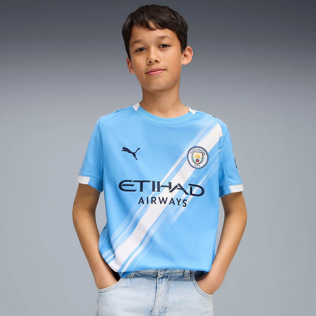 Puma - Camiseta de fútbol de Hombre MCFC Home Jersey Replica Jr Puma.