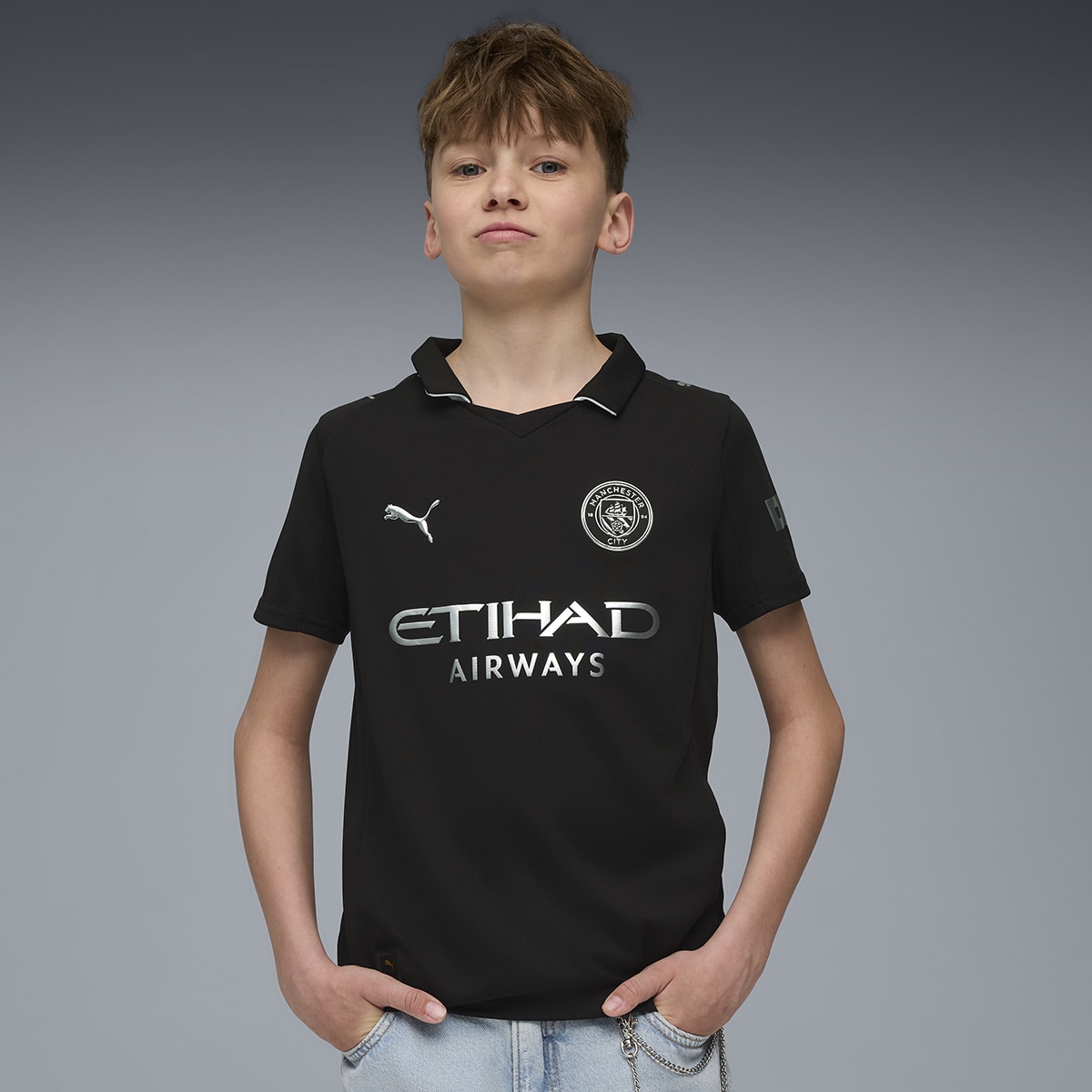 T-shirt de Futebol de Homem MCFC Away Jersey Replica Jr Preto-3