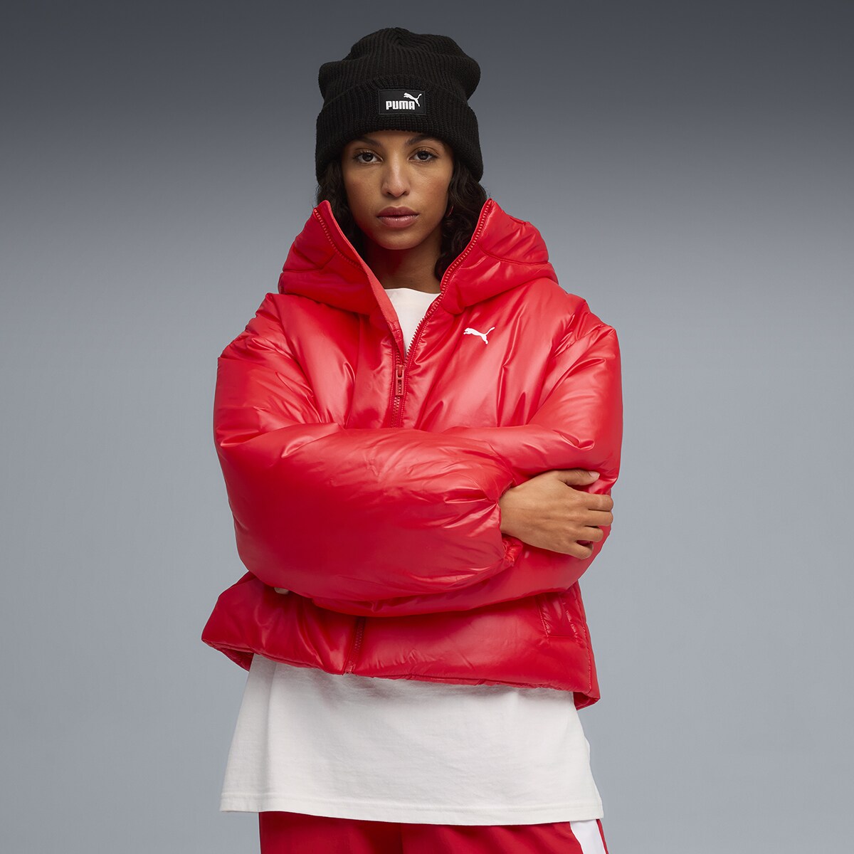 Sobretudo Wardrobe ESS Shiny Hooded Padded de Mulher Vermelho-2