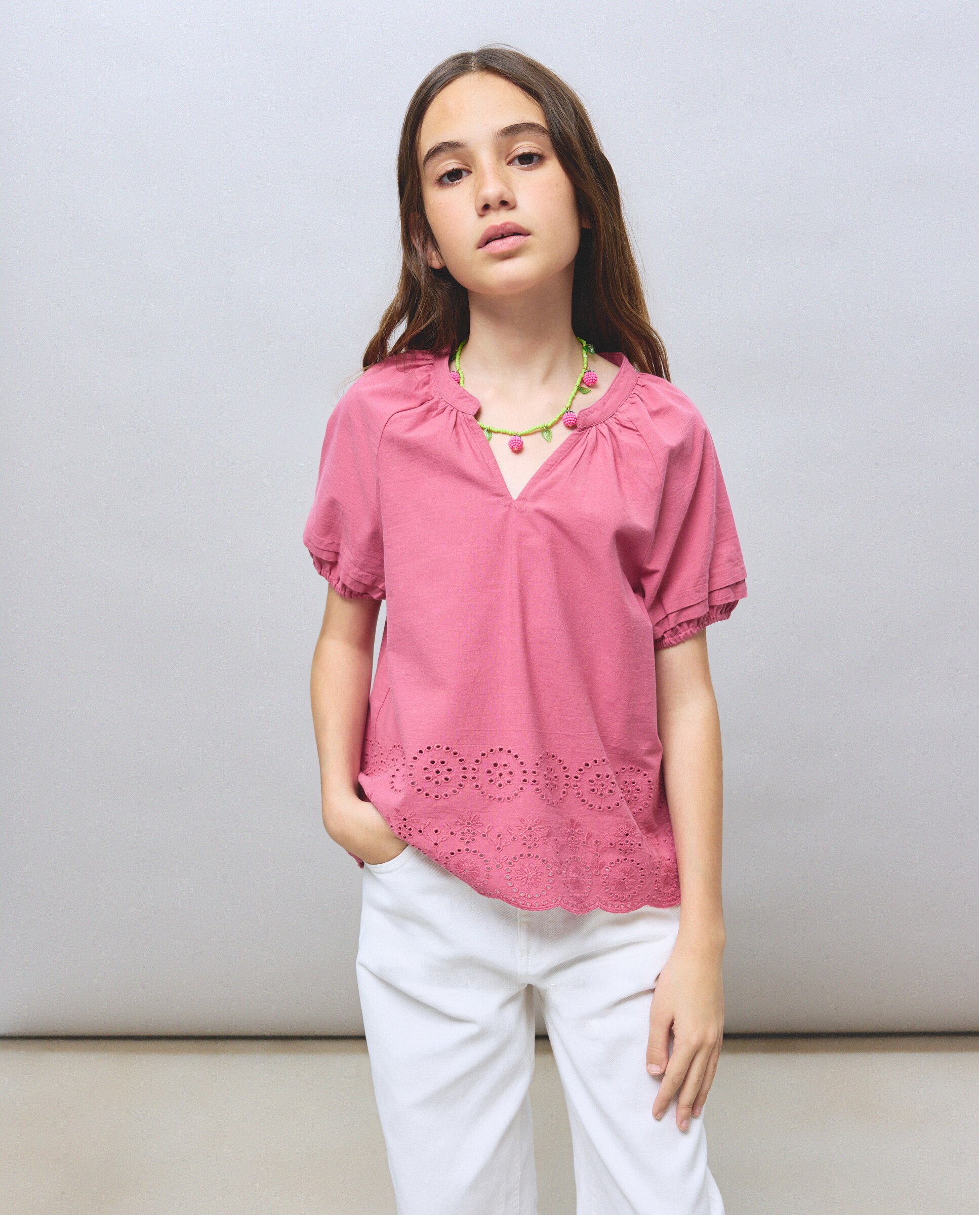 Blusa de Manga Curta com Bordado Inglês Kids El Corte Inglés Ameixa-2