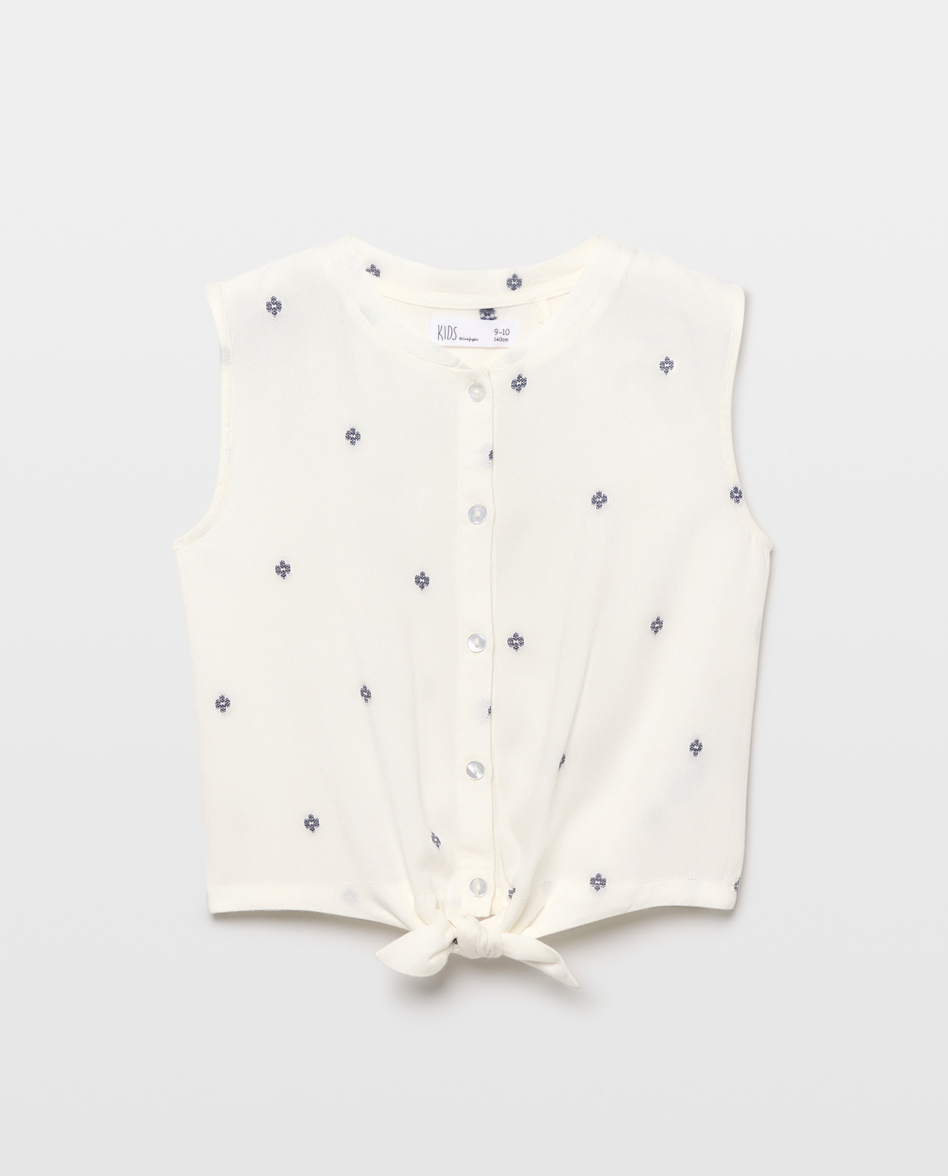 Blusa sem Mangas com Botões à Frente e Nó na Parte Inferior em Viscose com Mini Jacquard e All Over Print Kids El Corte Inglés Branco-5
