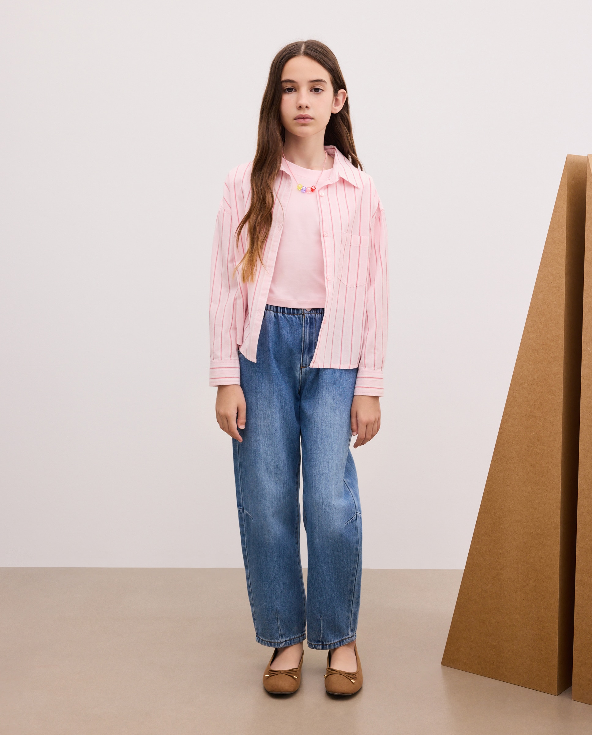 Camisa às Riscas com T-shirt de Manga Curta Rosa-2