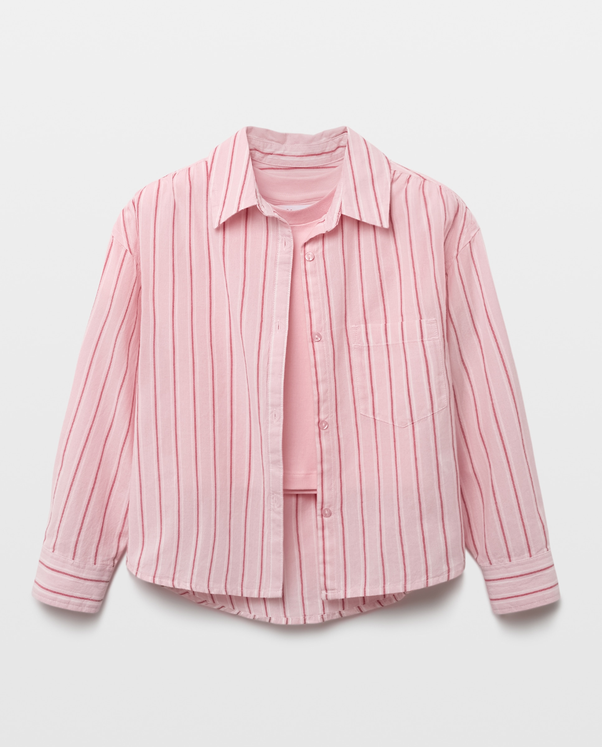 Camisa às Riscas com T-shirt de Manga Curta Rosa-4