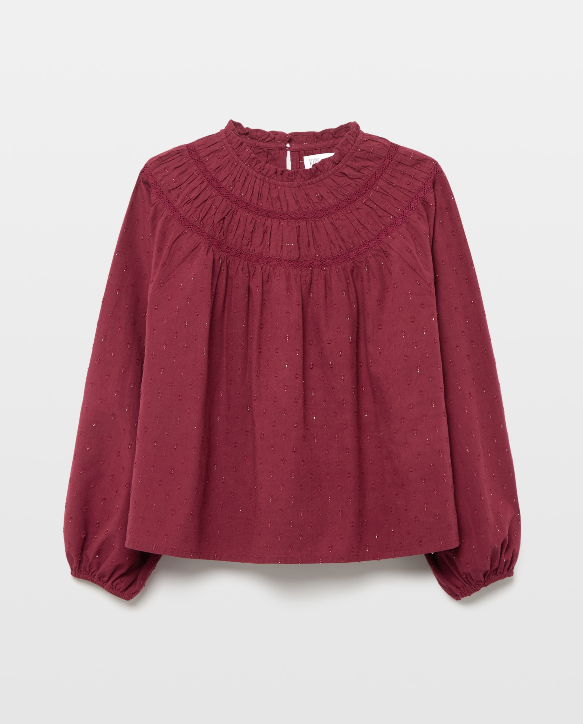 Blusa Romântica de Manga Comprida com Peitilho Redondo com Rendas em Dobby com Fio Metalizado Bordeaux-4