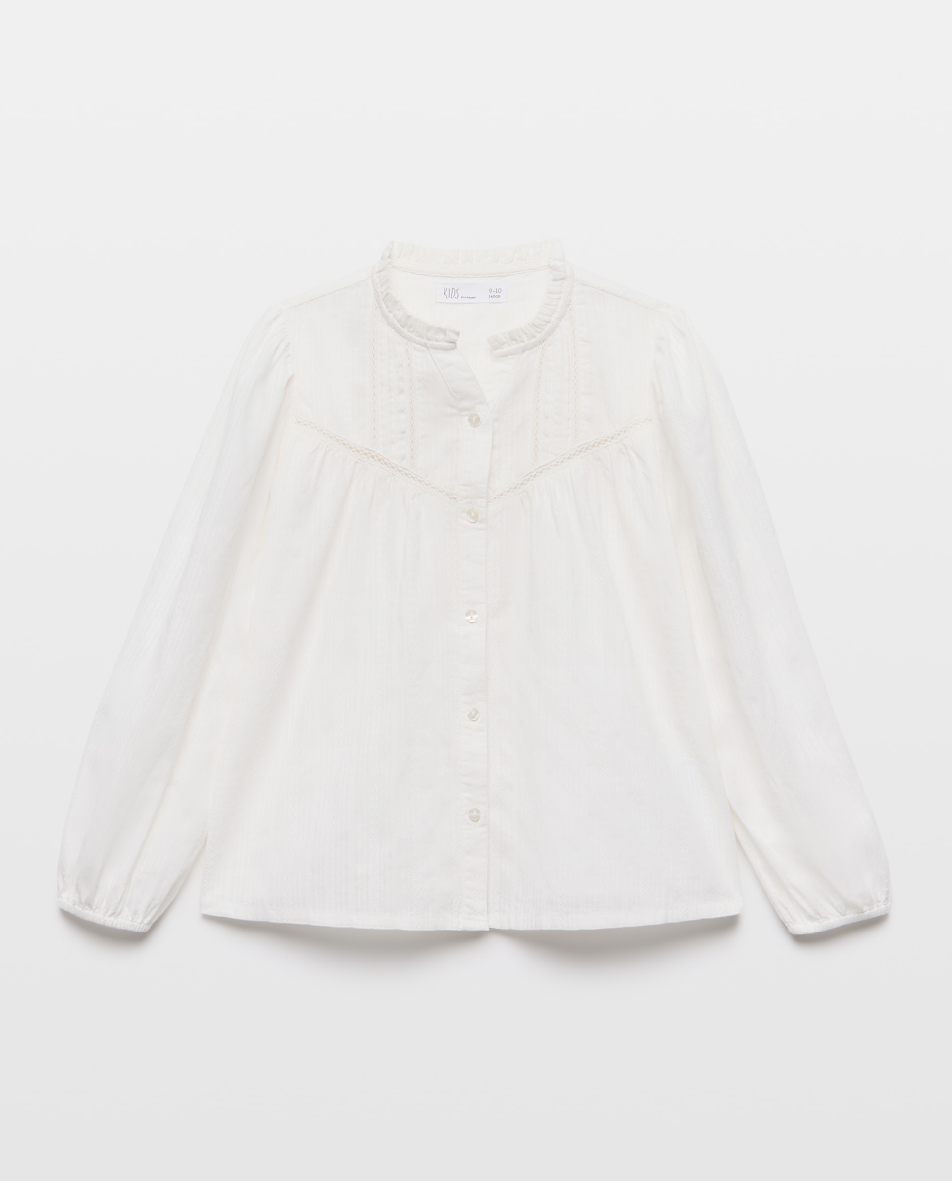 Blusa romántica manga larga abierta en dobby con encajes y pliegues en pechera de niña - Kids El Corte Inglés - Blanco roto Blanco roto-1