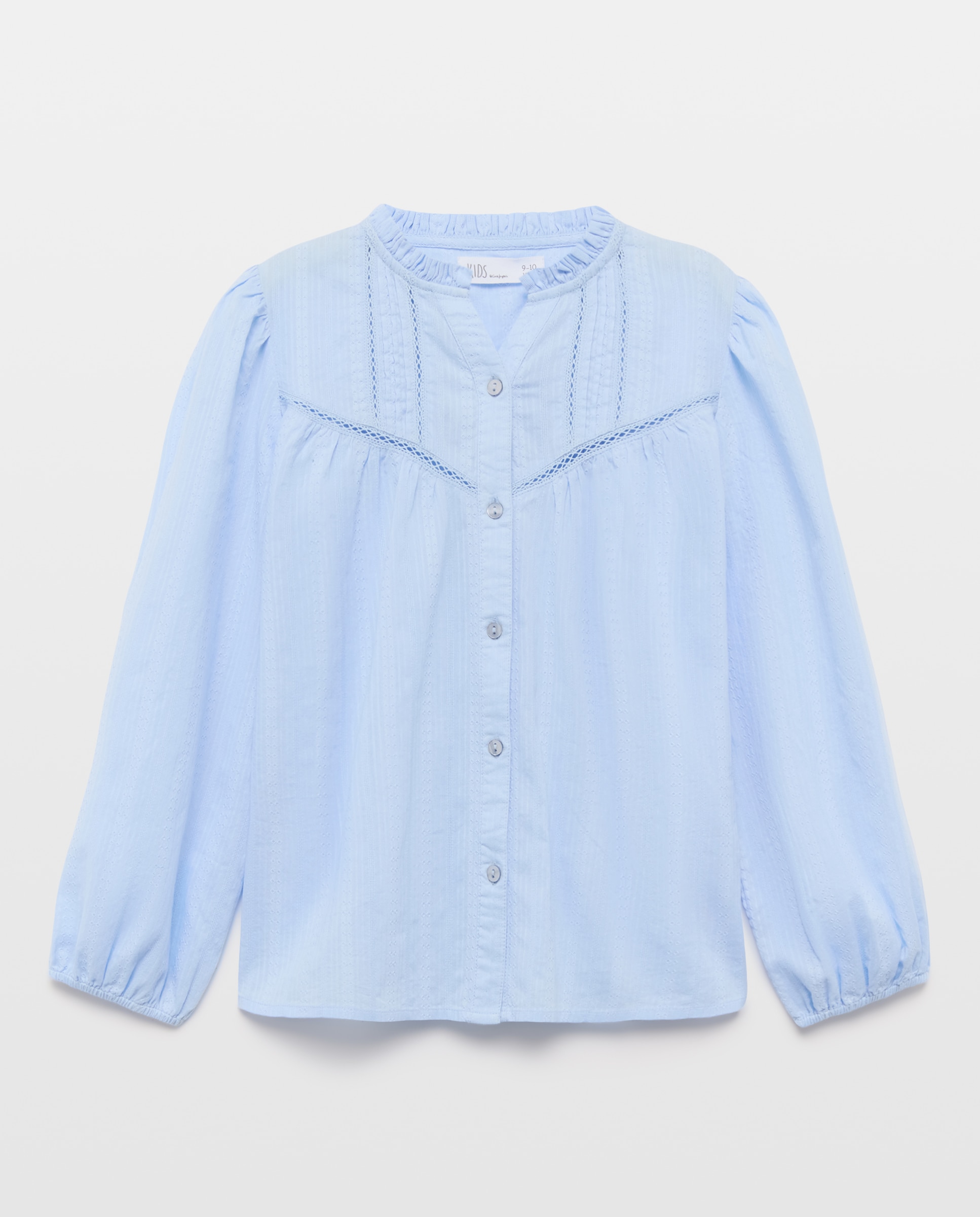 Imagem 0 de Blusa Romântica de Manga Comprida Aberta em Dobby com Rendas e Pregas no Peito