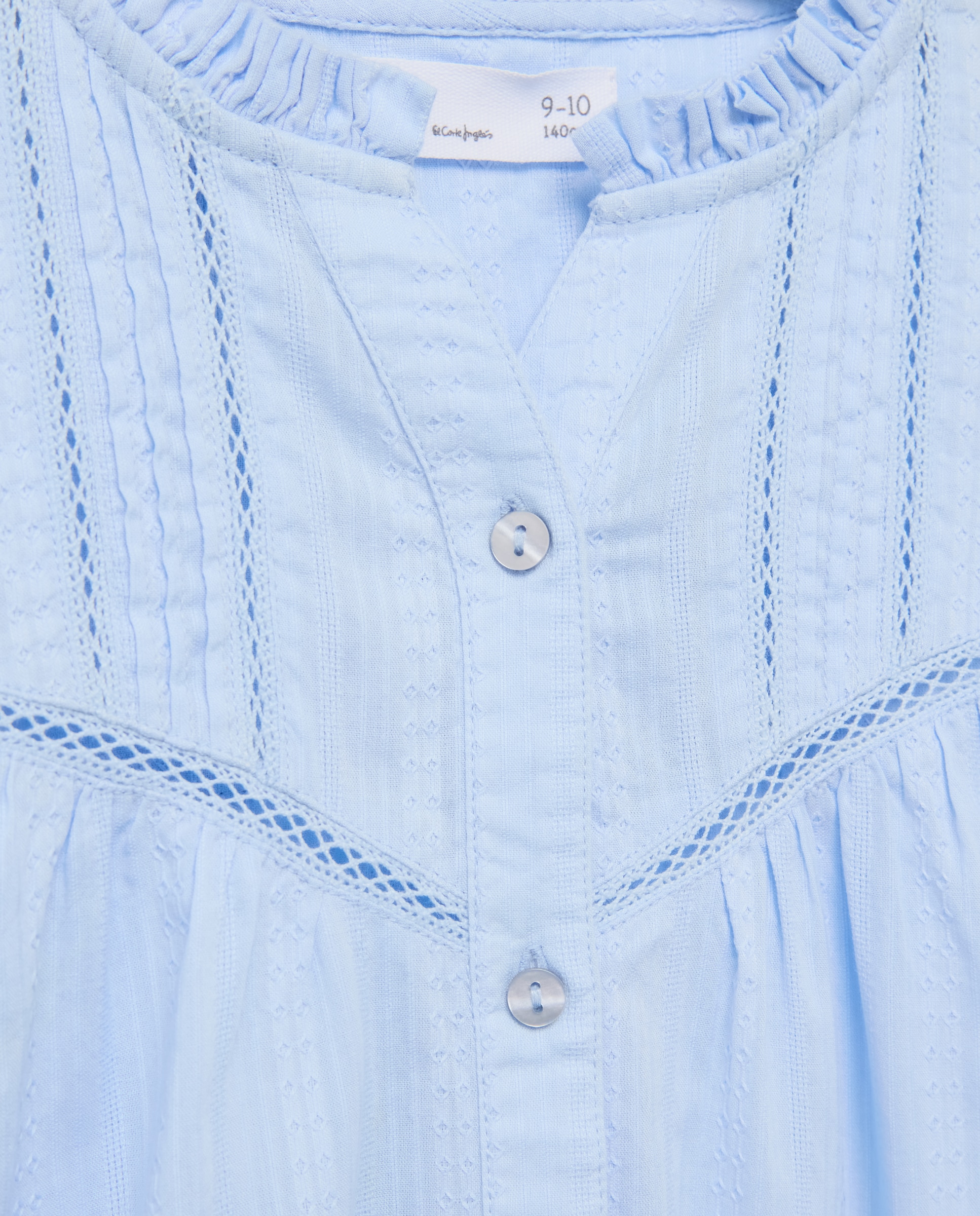 Blusa Romântica de Manga Comprida Aberta em Dobby com Rendas e Pregas no Peito 410 Azul Claro-2