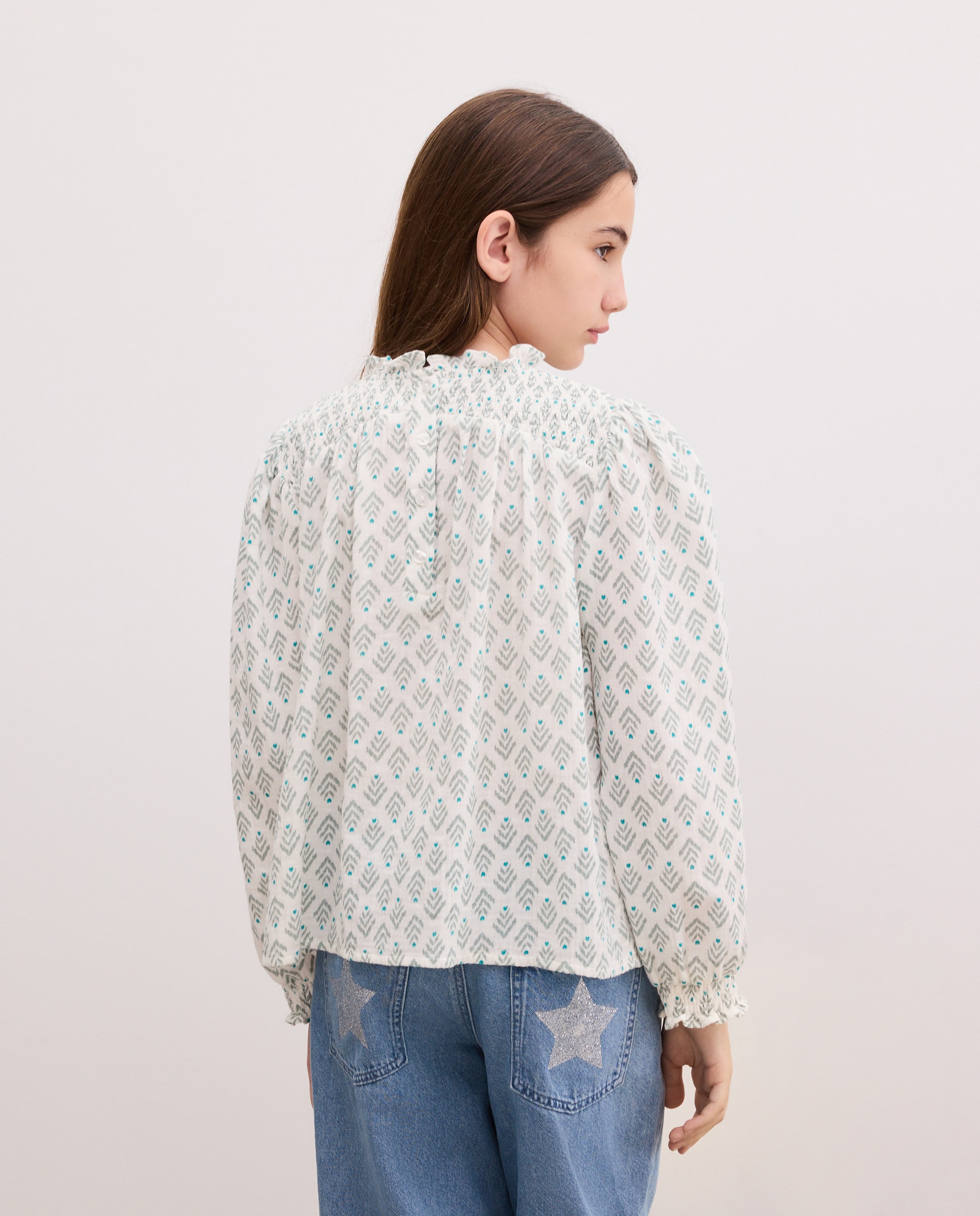 Blusa de All Over Print com Dobby com Fio Metalizado e Smock Branco-3