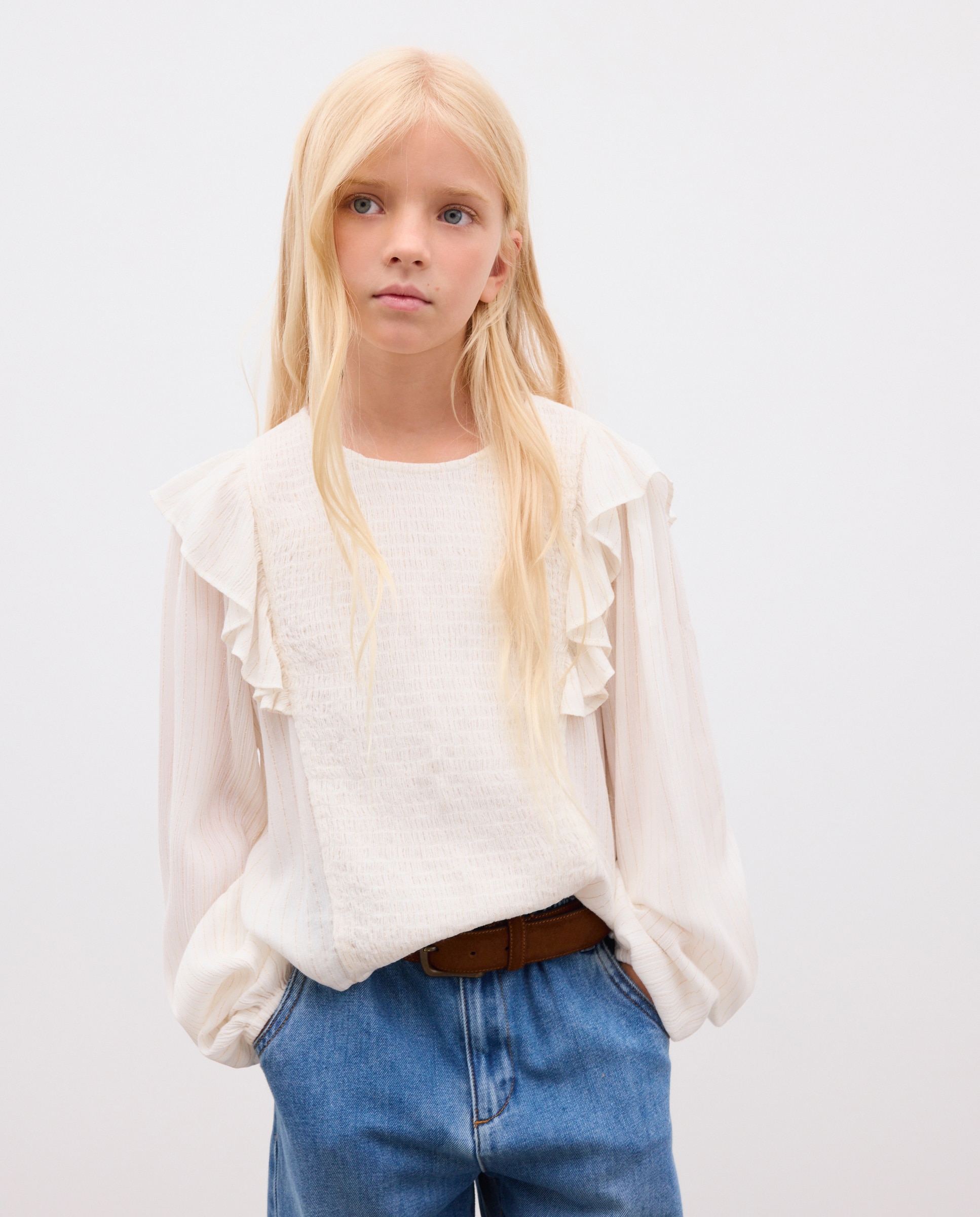 Blusa crep viscosa manga larga con hilo de lurex de niña - Kids El Corte Inglés - Blanco Blanco-2