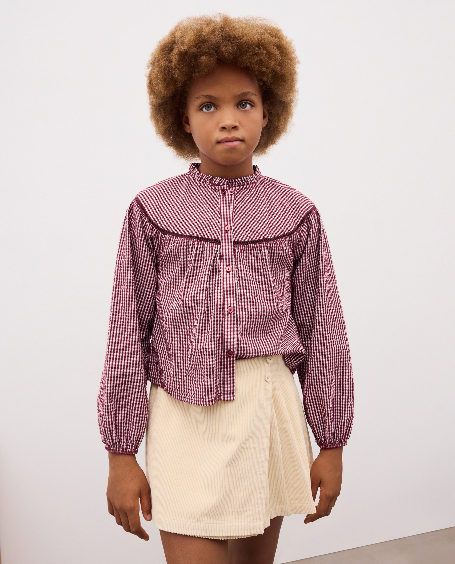 Blusa vichy manga larga abierta con corte en canesú redondo de niña - Kids El Corte Inglés - Marrón Marrón-1