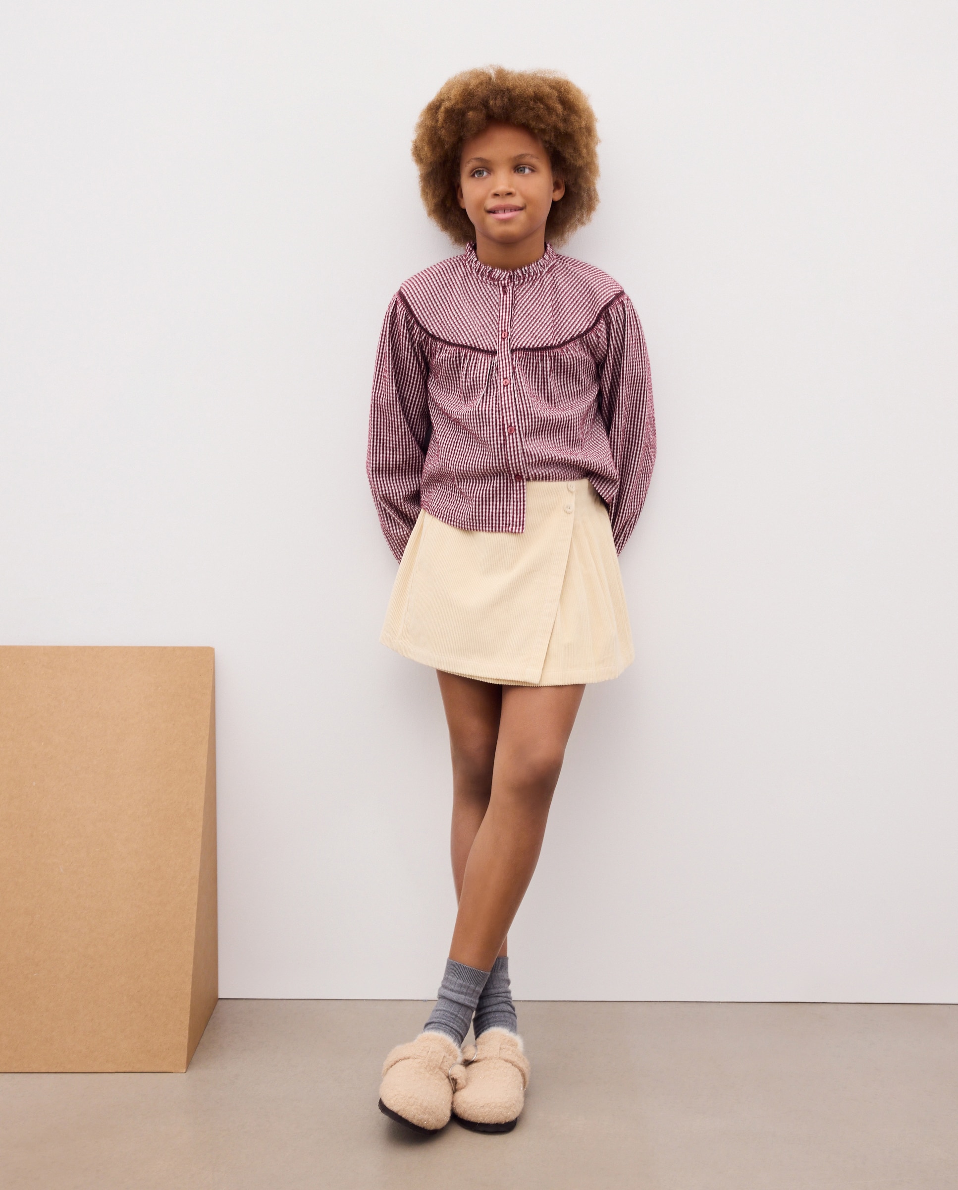 Blusa vichy manga larga abierta con corte en canesú redondo de niña - Kids El Corte Inglés - Marrón Marrón-2