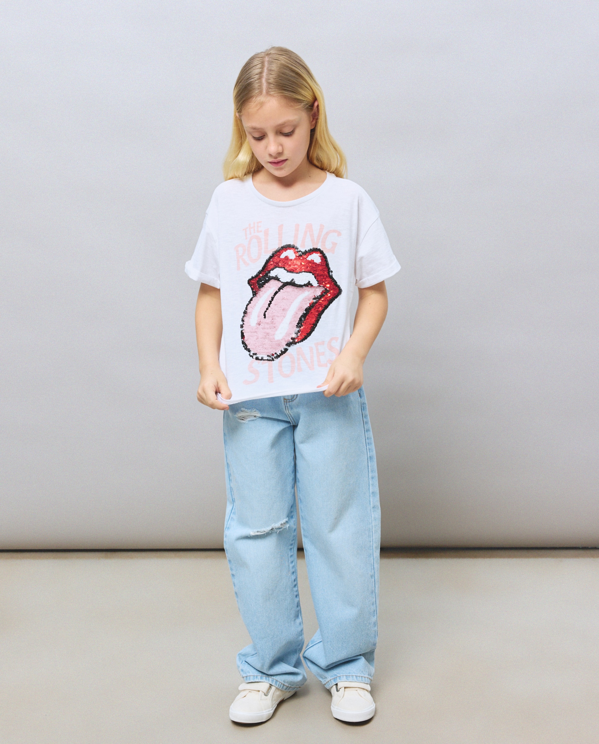 T-shirt com Estampado Rolling Stones de Lantejoulas à Frente Kids El Corte Inglés Branco-4
