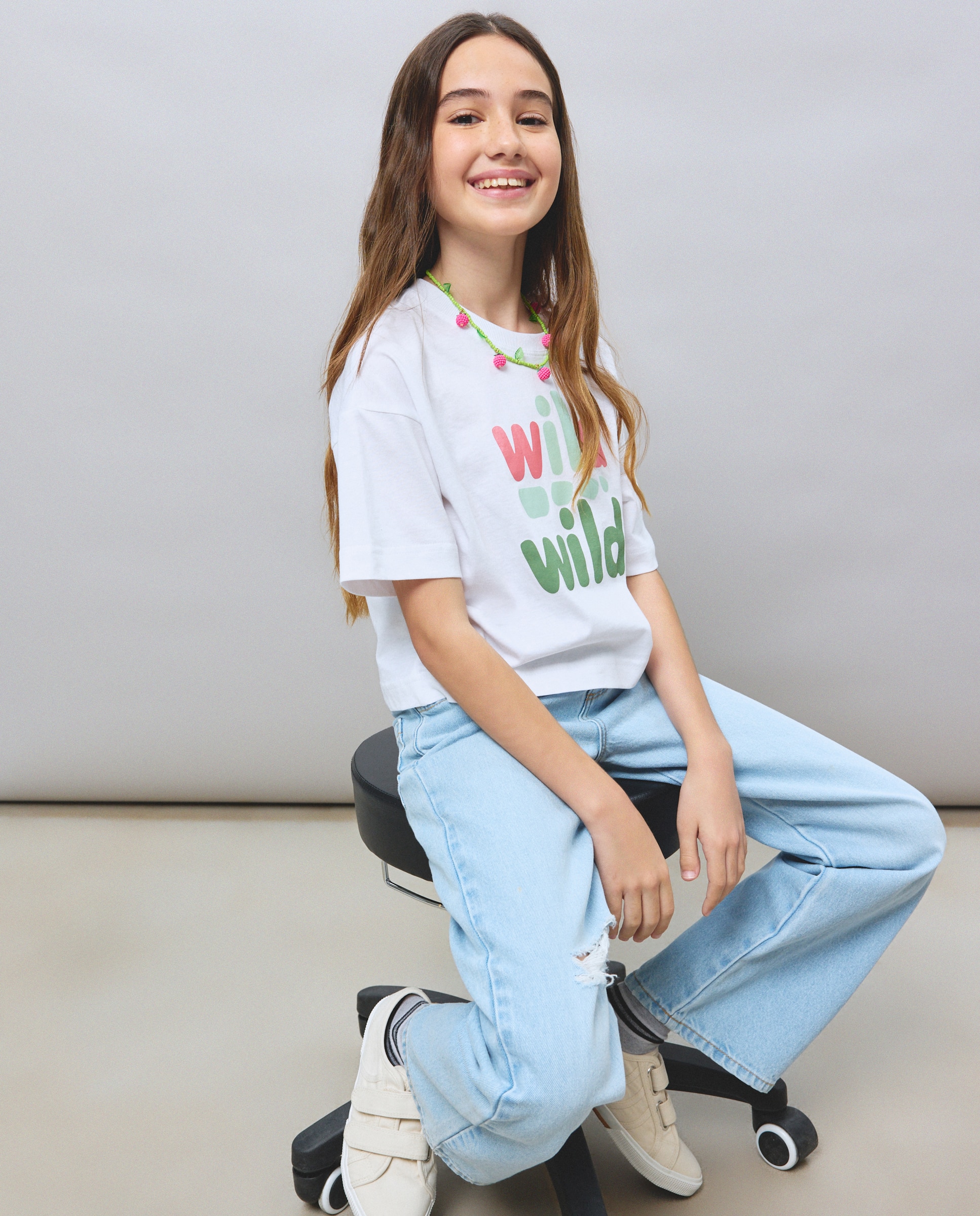T-shirt de Manga Caída e Estampado Posicional Branco-2