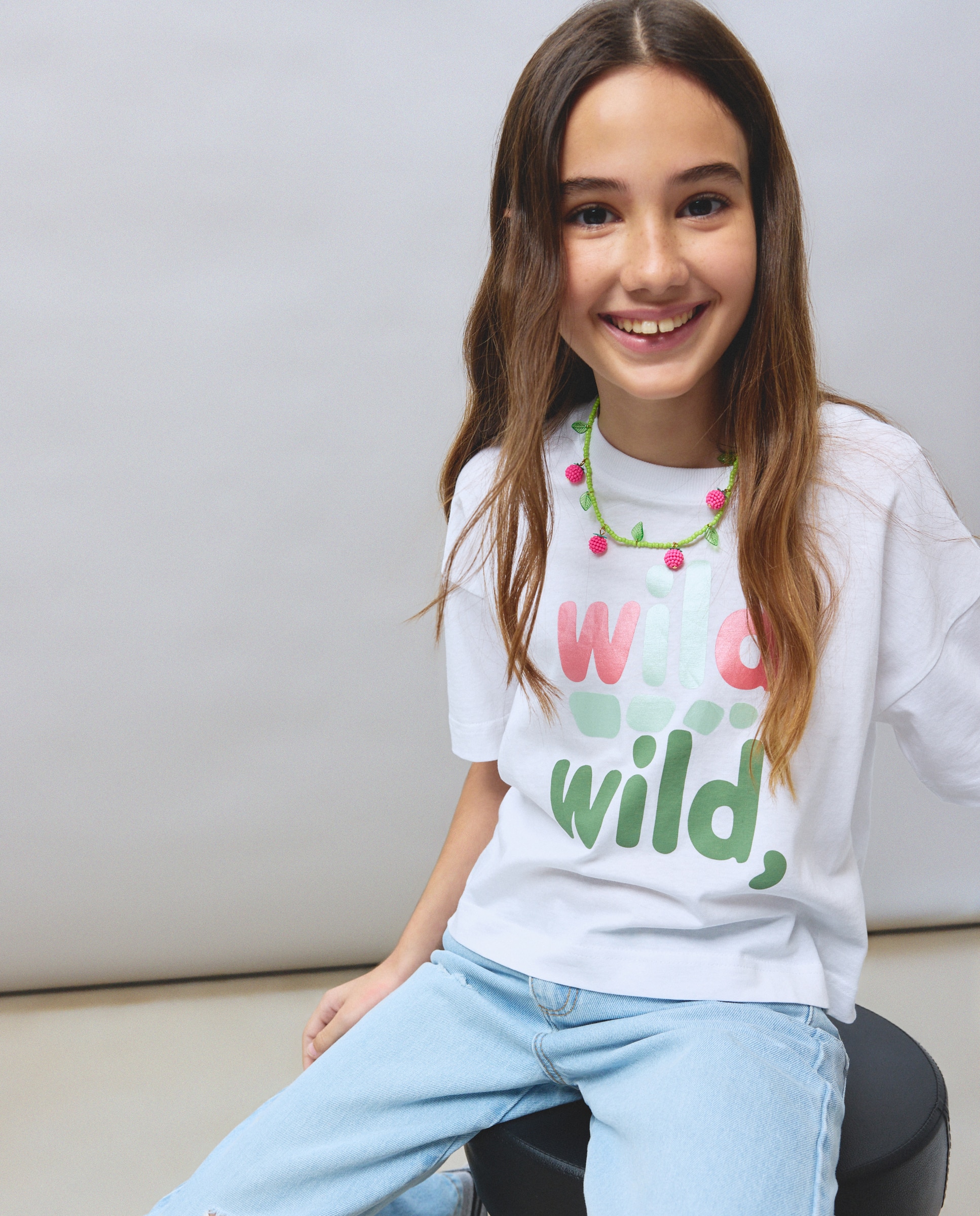 T-shirt de Manga Caída e Estampado Posicional Branco-4
