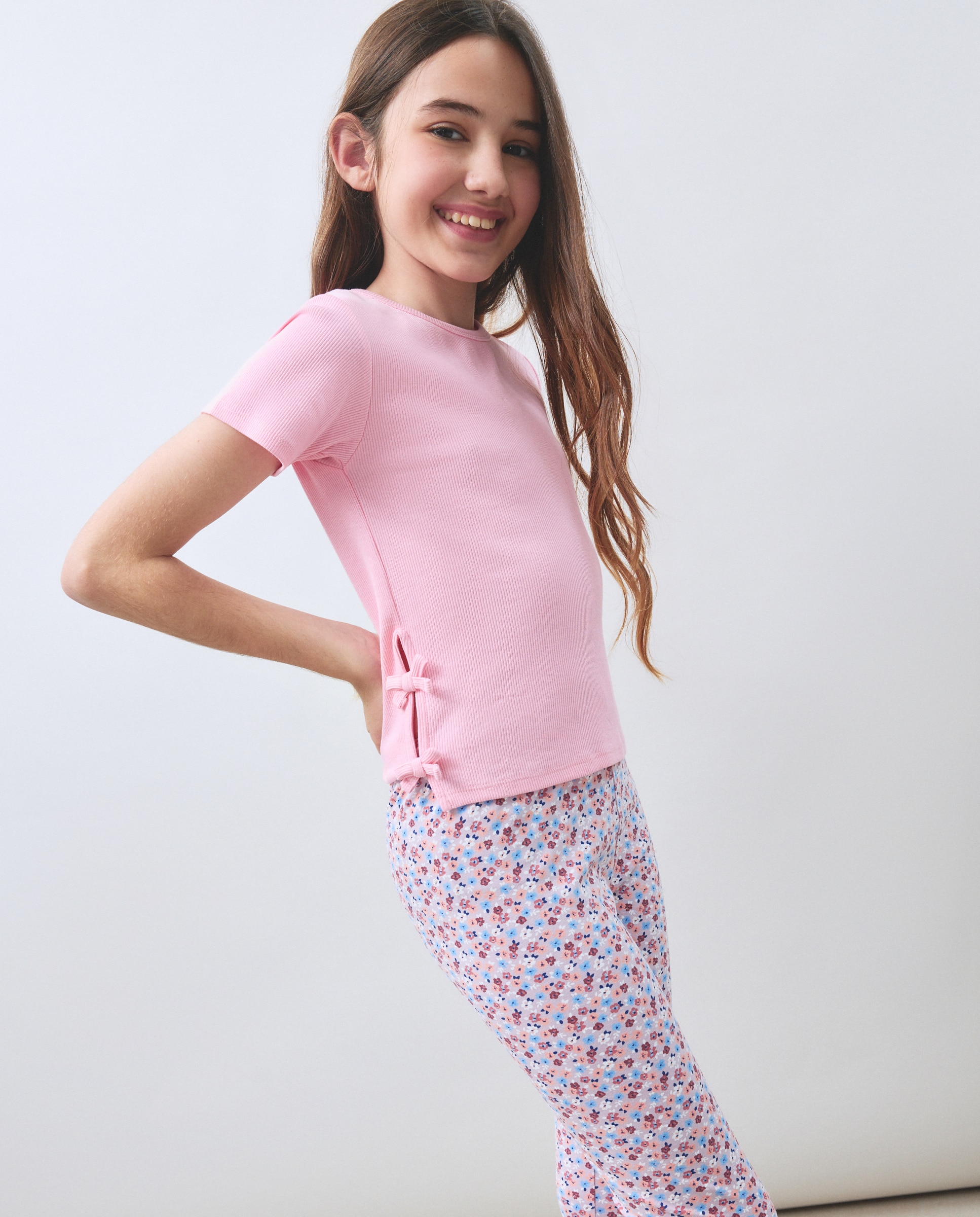 T-shirt de Manga Curta com Pequenos Laços Laterais 200 Rosa-2