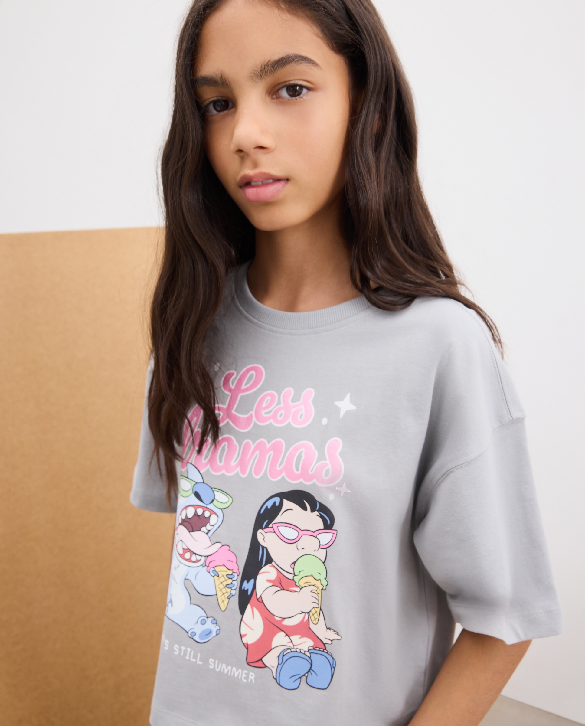 T-shirt de Manga Curta com Estampado Posicional Stitch com Lilo Kids El Corte Inglés Cinzento-1