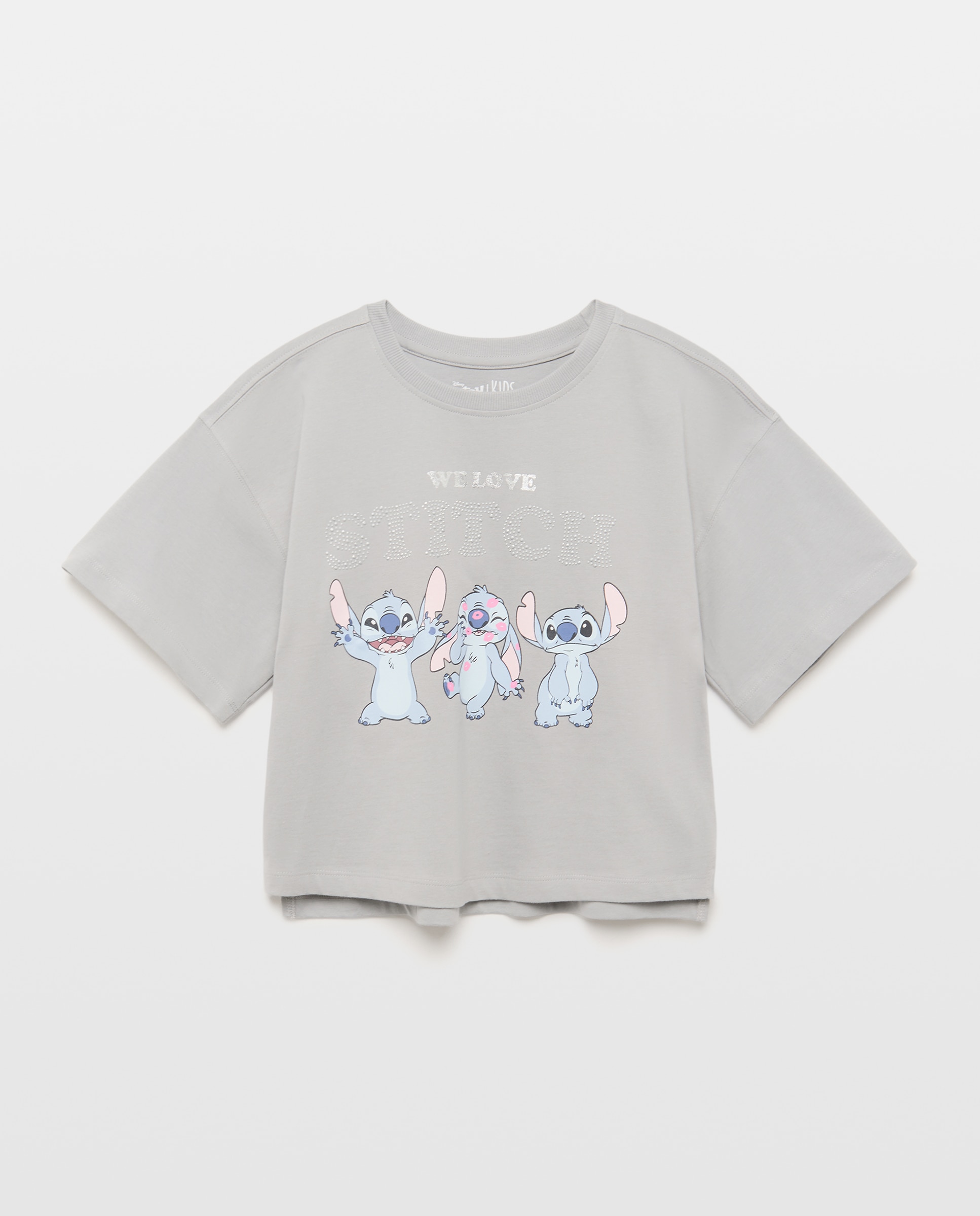 Camiseta de niña manga corta estampado posicional STITCH con foil y tachas - Kids El Corte Inglés - Gris Gris-5