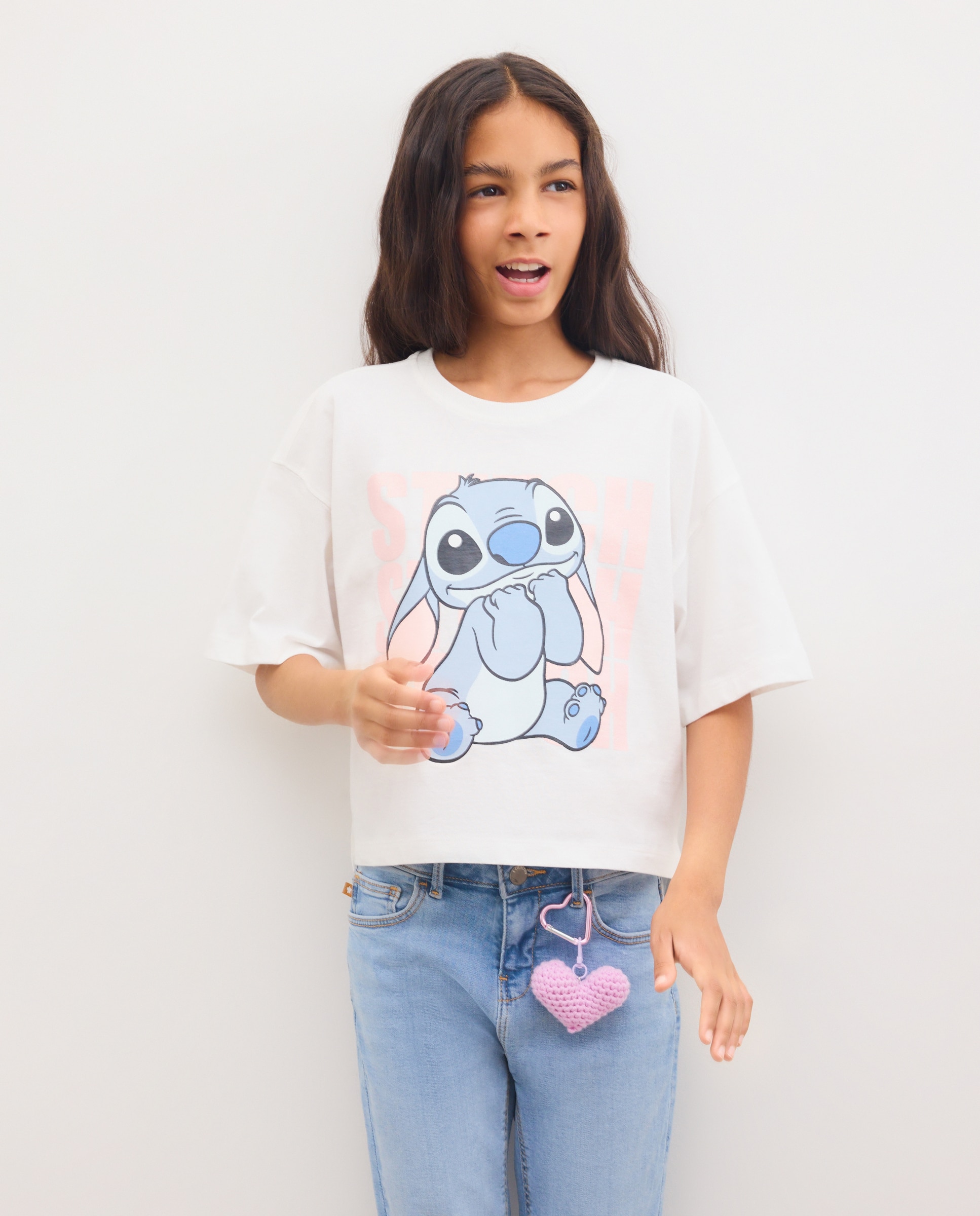 Camiseta de niña manga corta estampado posicional STITCH con glitter - Kids El Corte Inglés - Blanco Blanco-1