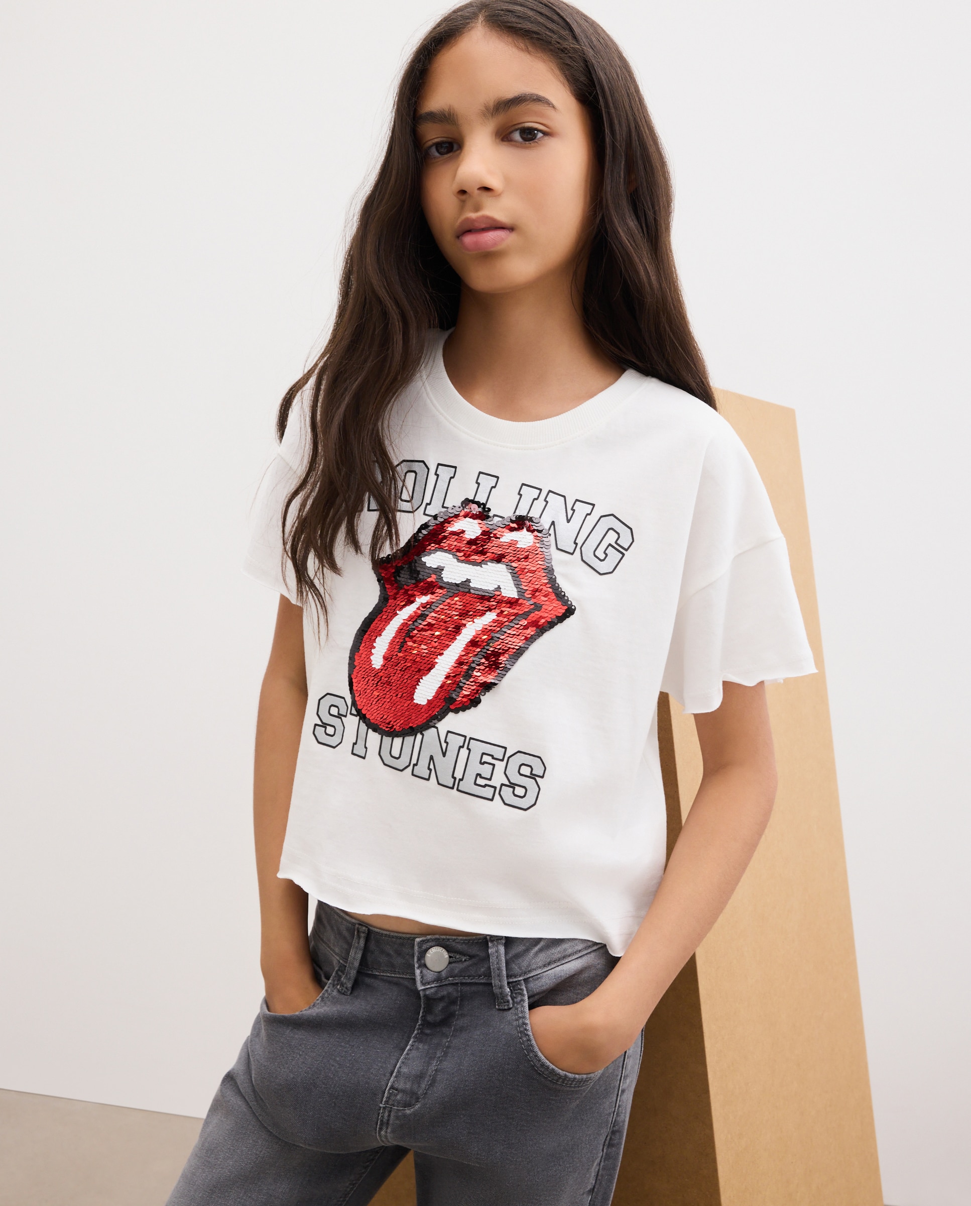 Camiseta de niña manga corta print posicional ROLLING STONES lentejuelas reversibles - Kids El Corte Inglés - Blanco roto Blanco roto-1