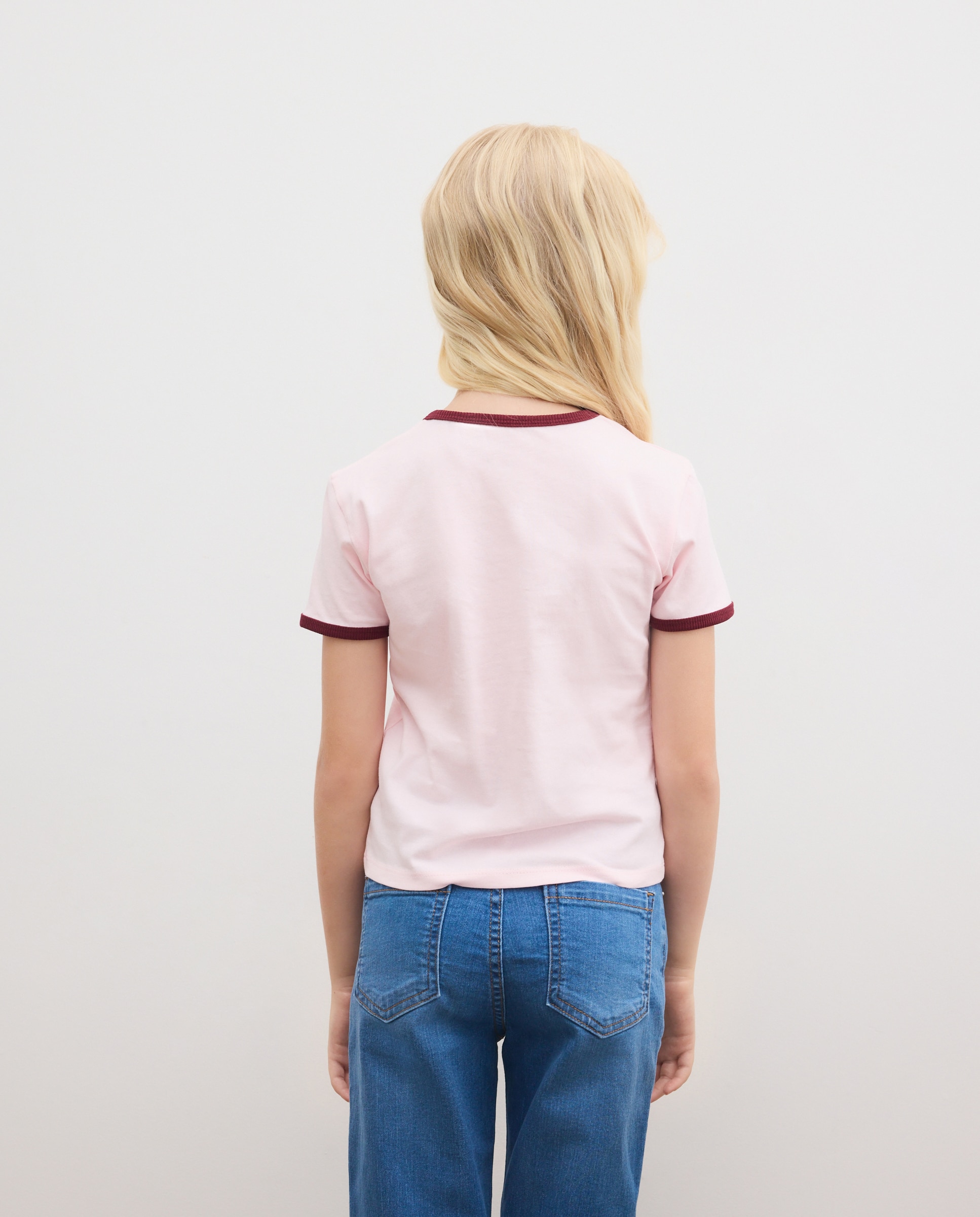 T-shirt de Criança de Manga Curta Posicional Estilo College "dramatic", com Debrum em Contraste Rosa-3