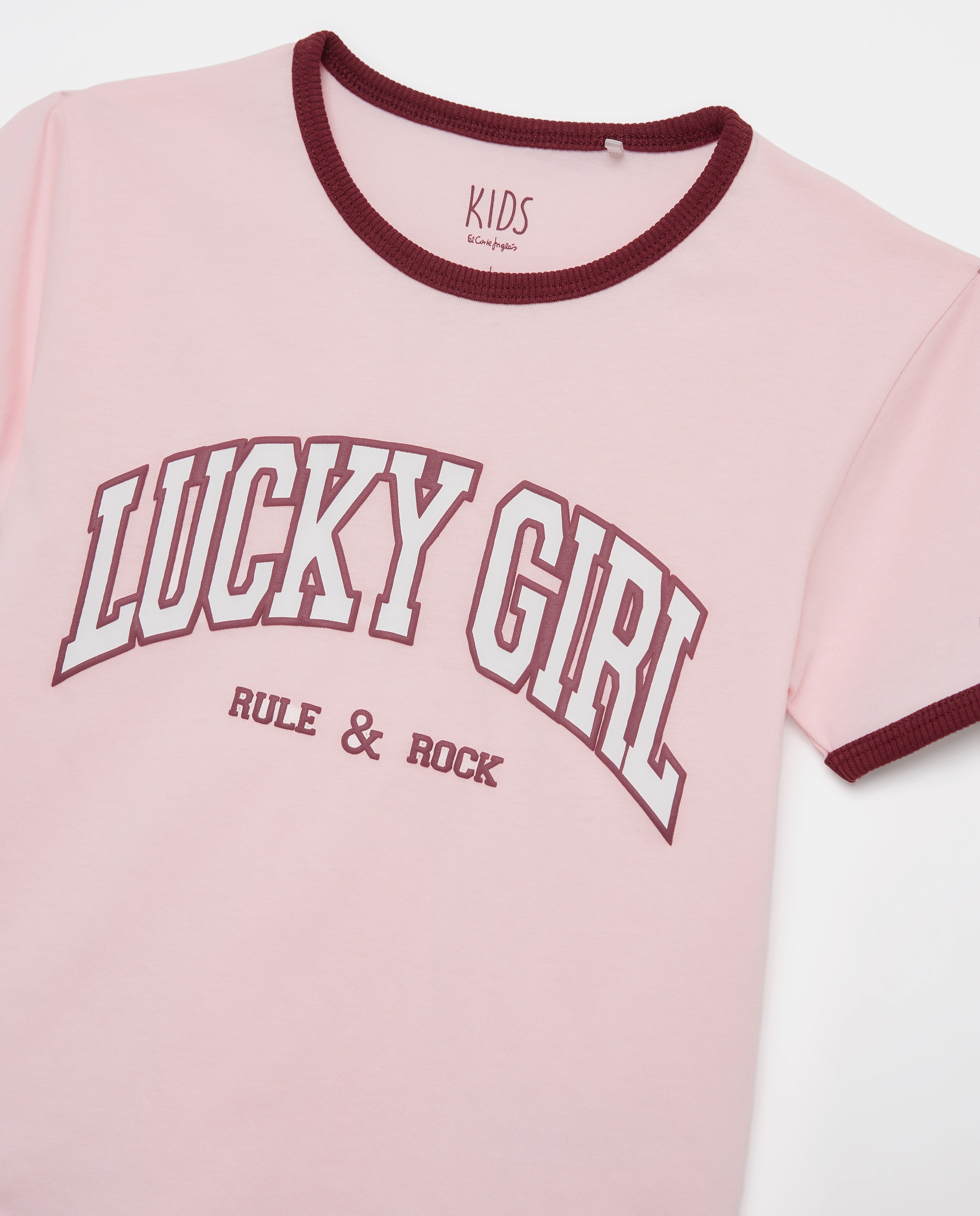 T-shirt de Criança de Manga Curta Posicional Estilo College "dramatic", com Debrum em Contraste Rosa-5