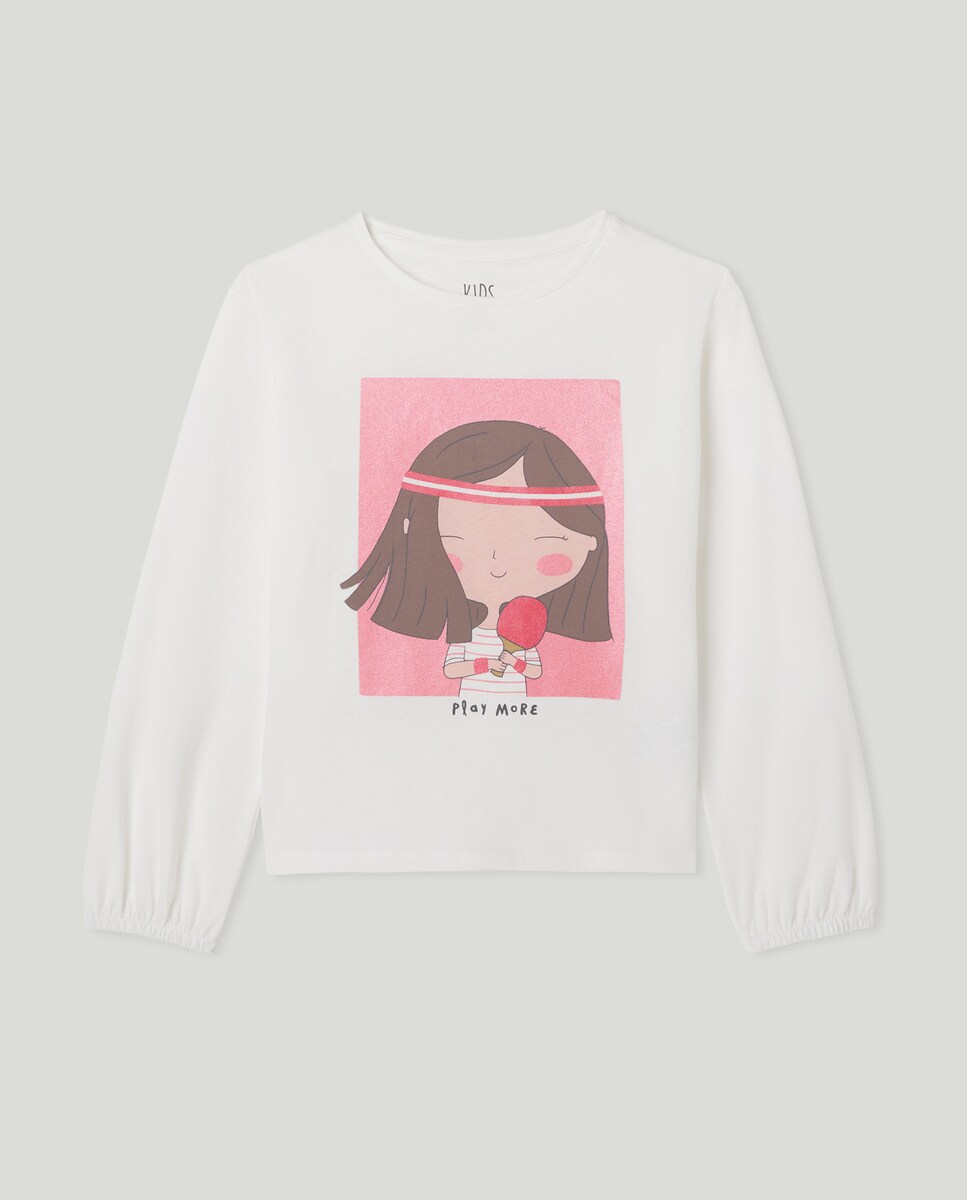 Camisola de Manga Comprida com Estampado Posicional de Bonecas Branco-4