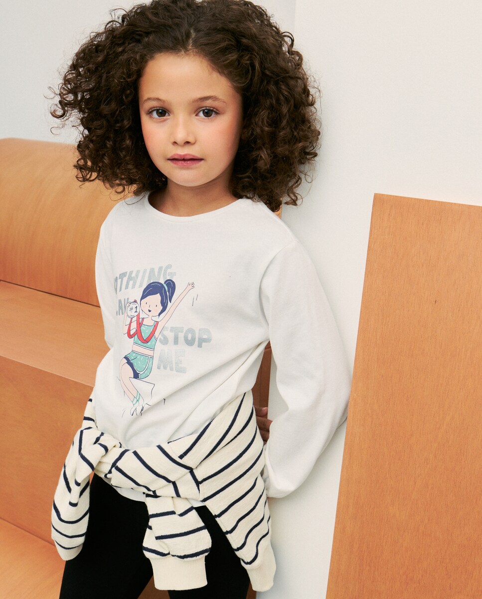 Camisola de Manga Comprida com Estampado Posicional de Bonecas Branco-2