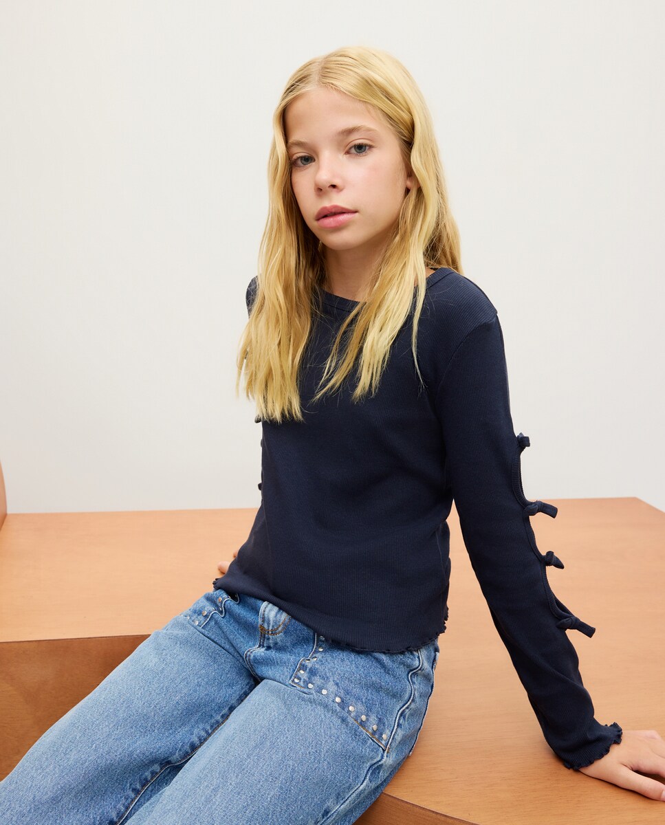 Camisola de Manga Comprida com Cut Out nas Mangas Azul-marinho-2