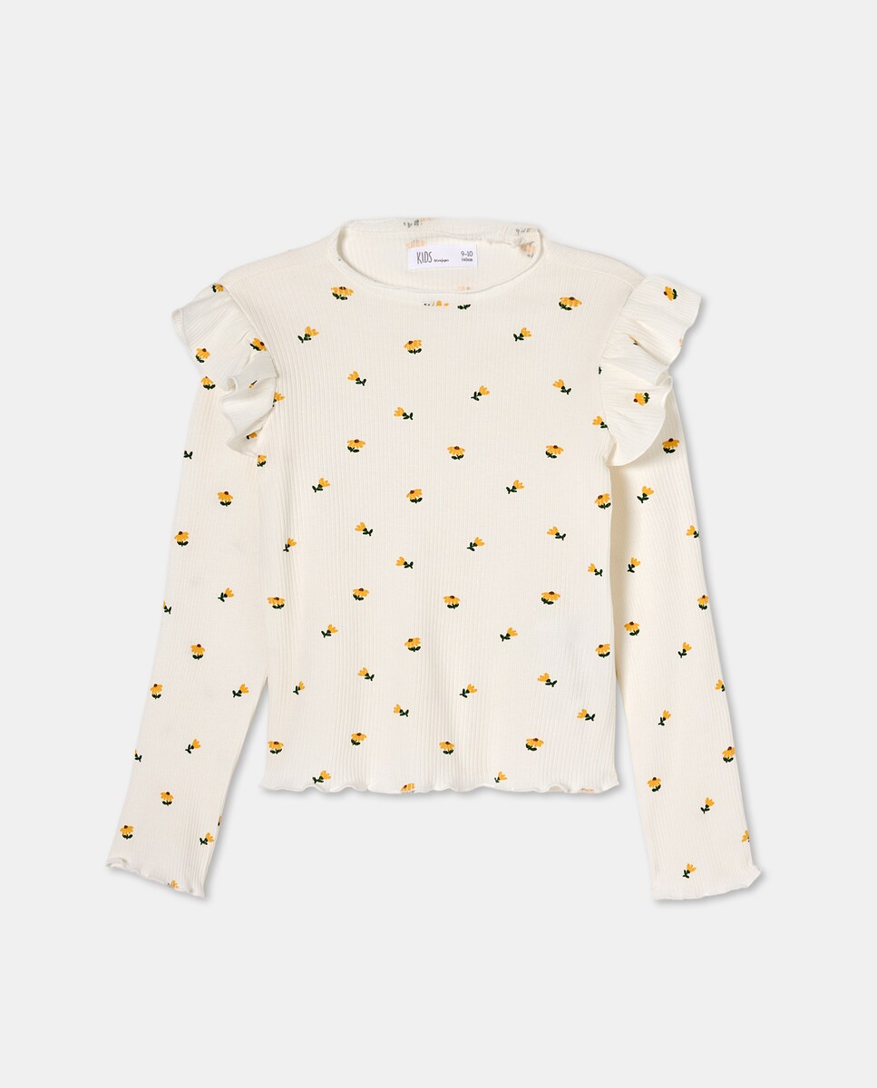 Camisola de Manga Comprida Rib com All Over Print com Folho no Ombro Azul-5