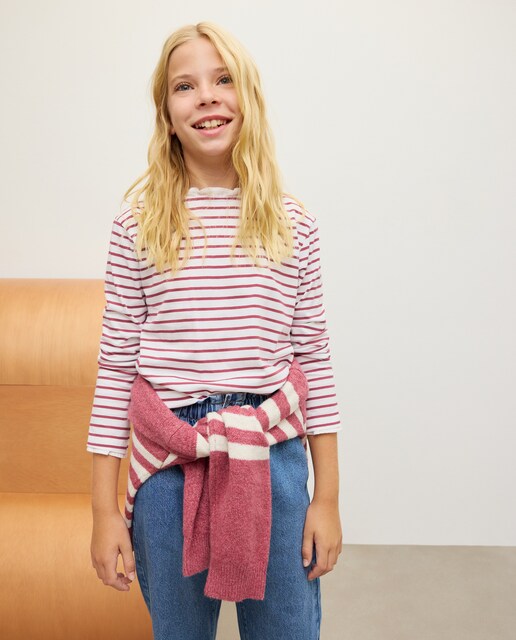 Imagem 0 de Camisola de Manga Comprida às Riscas com Folho na Gola