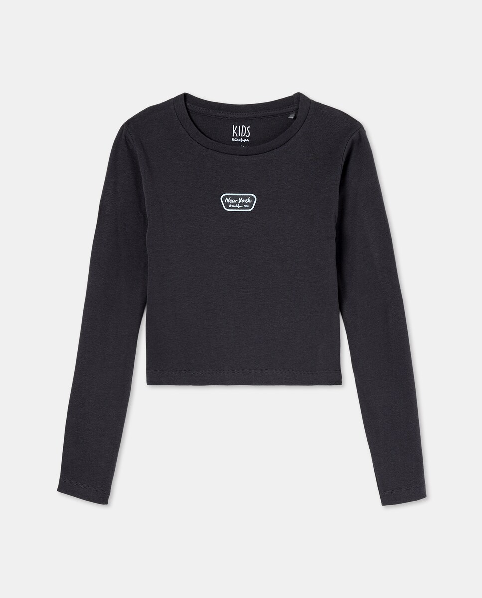 Camisola Cropped com Manga Comprida e Mini Estampado Preto-4