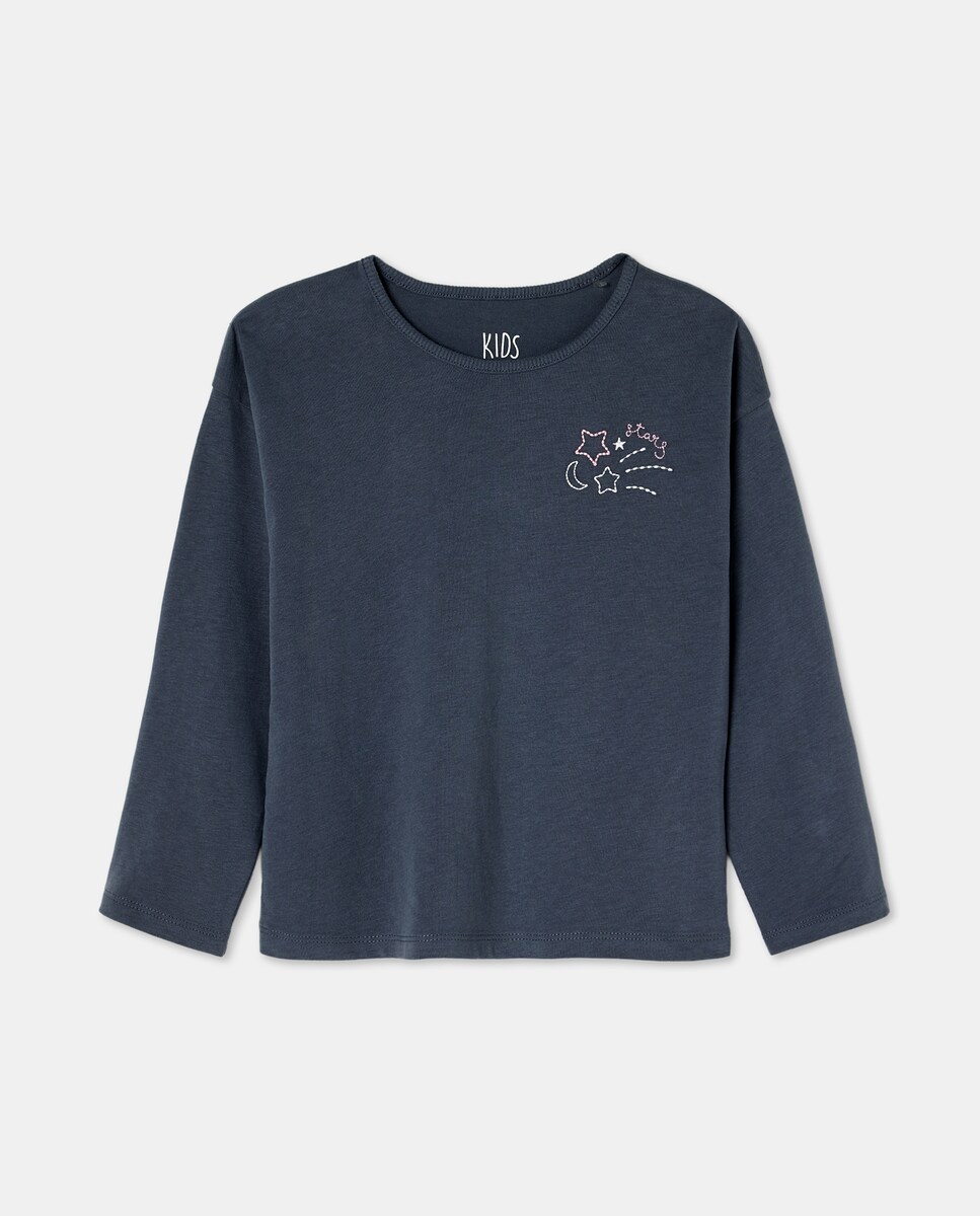 Camisola de Manga Comprida Lisa com Pequeno Bordado Lateral no Peito Chumbo-4