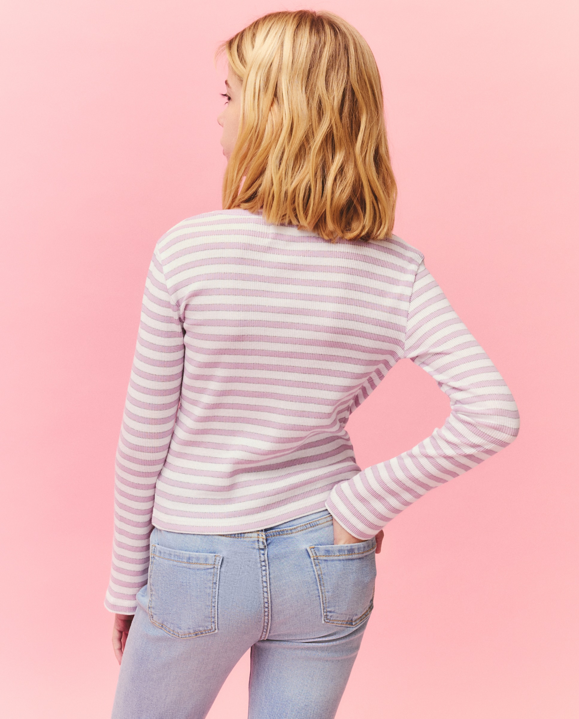 Camisola de Manga Comprida Canelada às Riscas com Fio Metalizado Kids El Corte Inglés Rosa-3