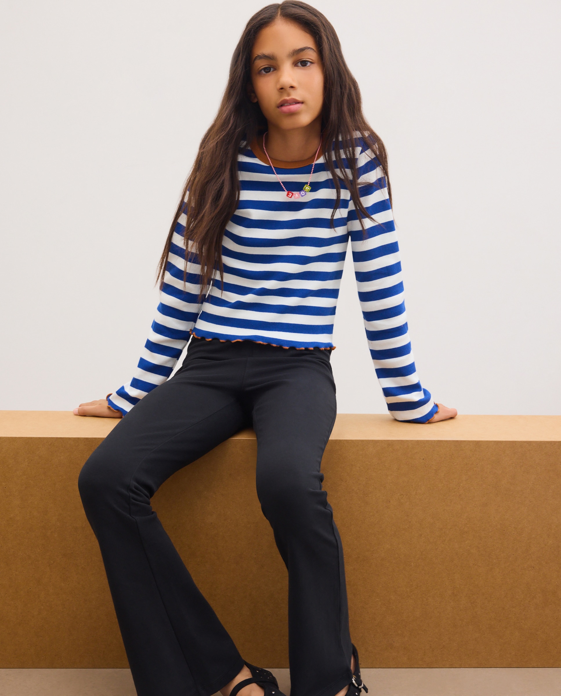 Camiseta manga larga rib rayas con cuello a contrate de niña - Kids El Corte Inglés - Azul Azul-1