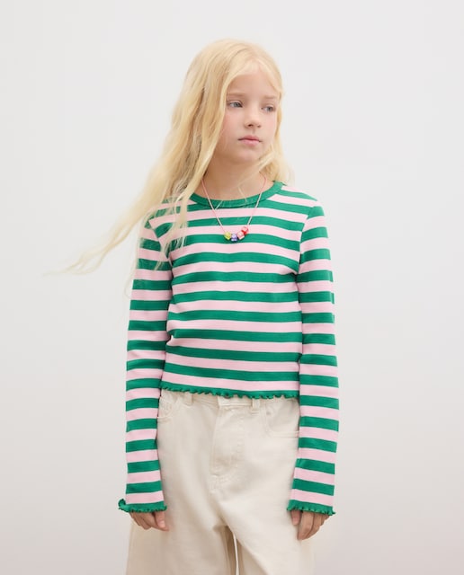 Imagen 0 de Camiseta manga larga rib rayas con cuello a contrate de niña Rosa