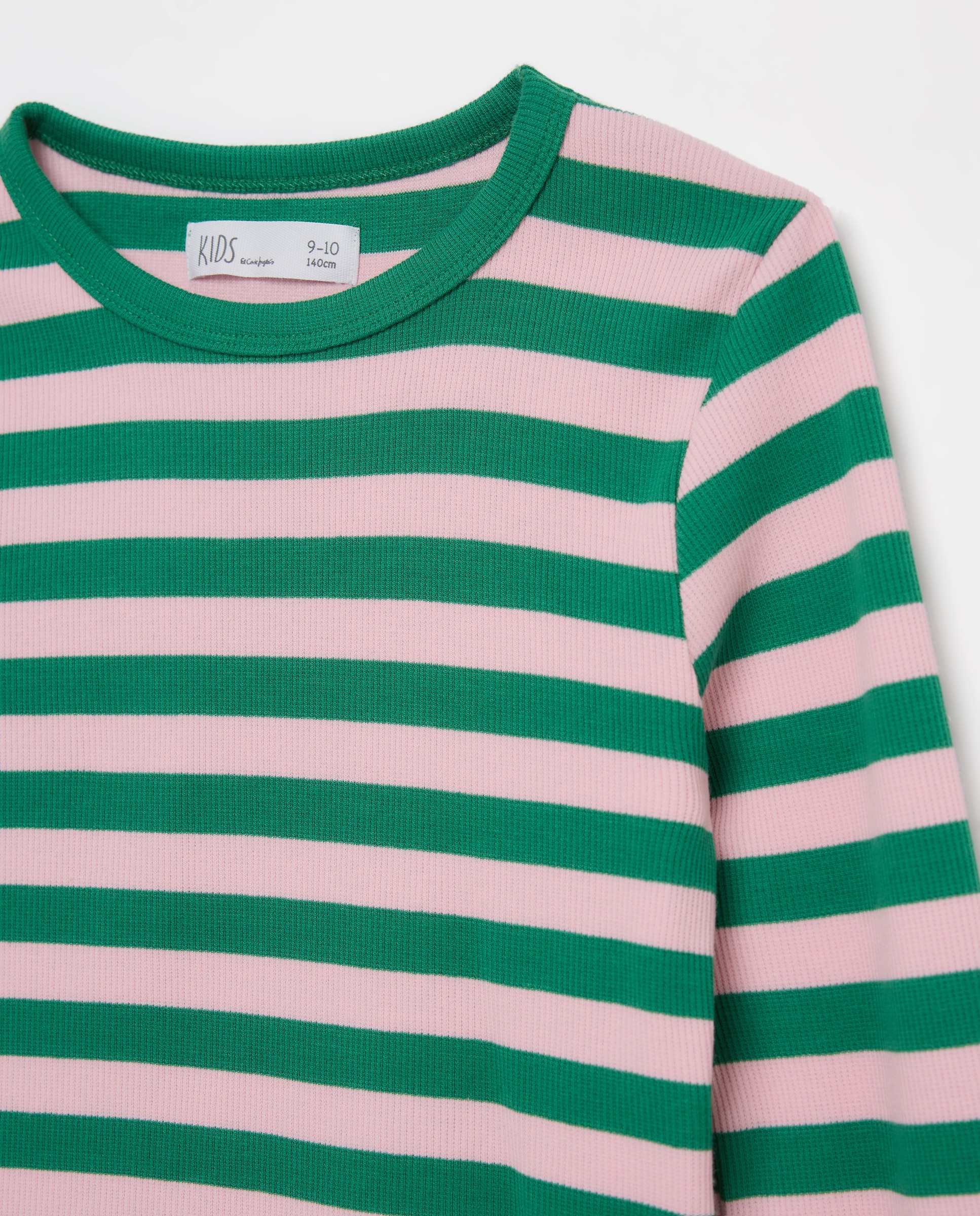 T-shirt de Criança de Manga Comprida com Nervuras, às Riscas, com Gola em Contraste Rosa-5