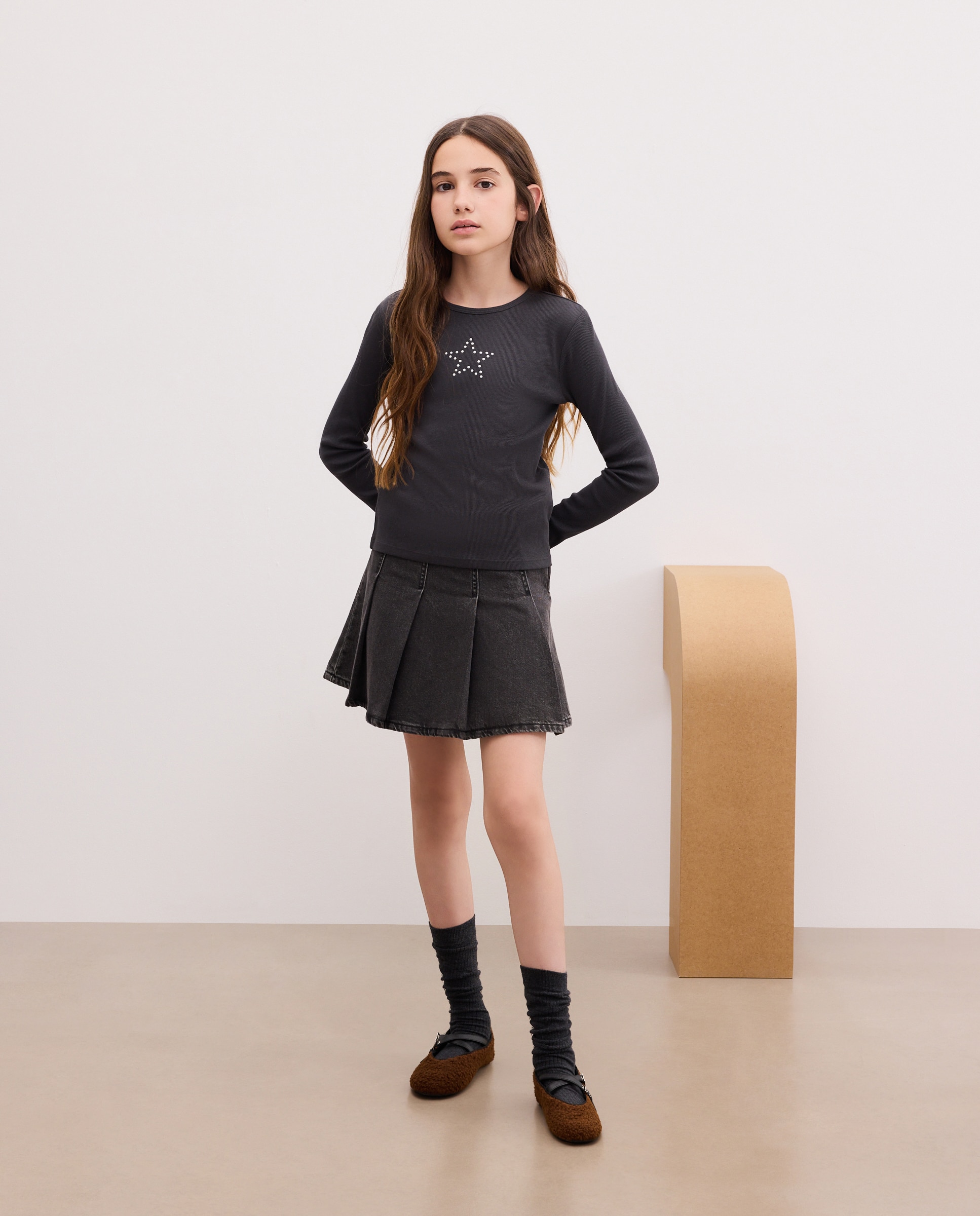 Camiseta manga larga rib con fantasía studs frontal de niña - Kids El Corte Inglés - 830 Antracita 830 Antracita-2