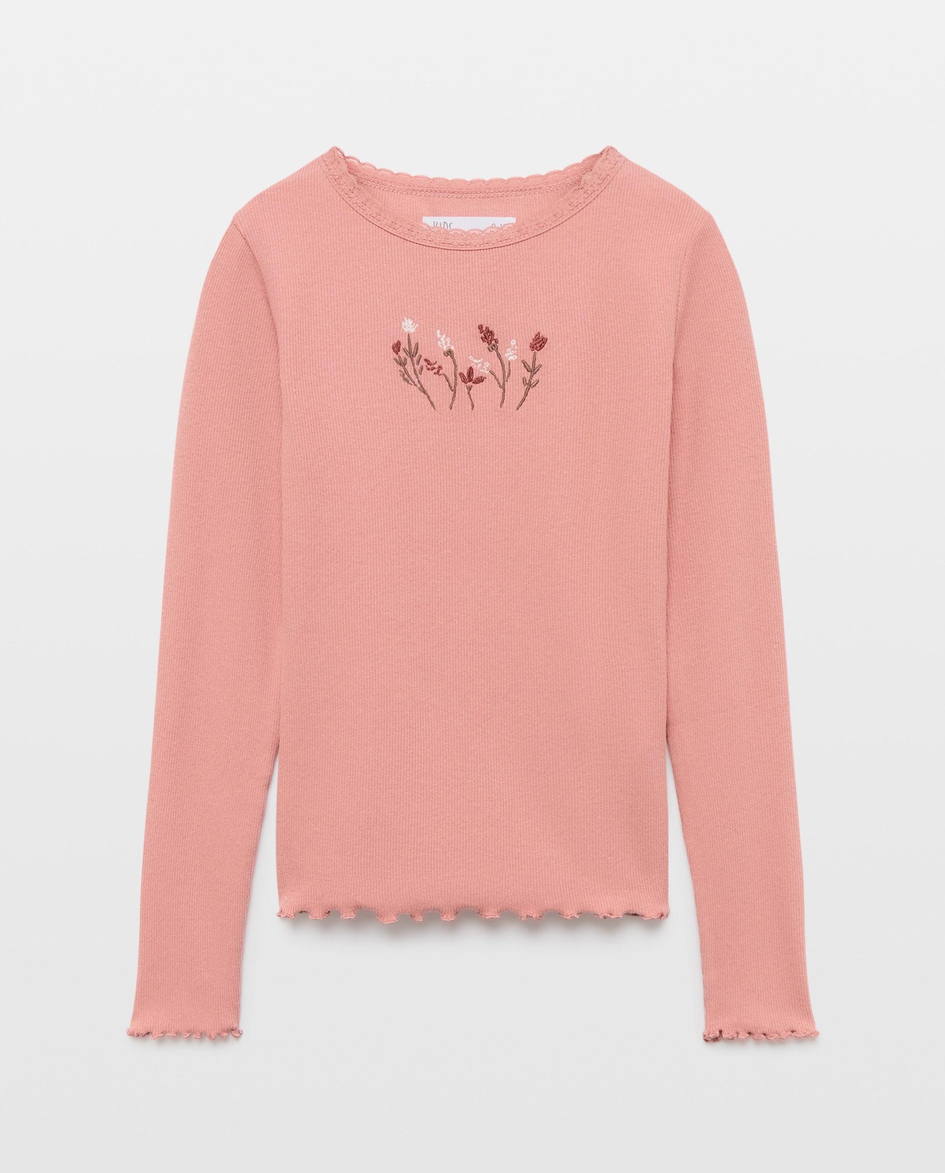 Camiseta manga larga con lace en cuello y pequeño bordado fantasía de niña - Kids El Corte Inglés - 650 Melocotón 650 Melocotón-1