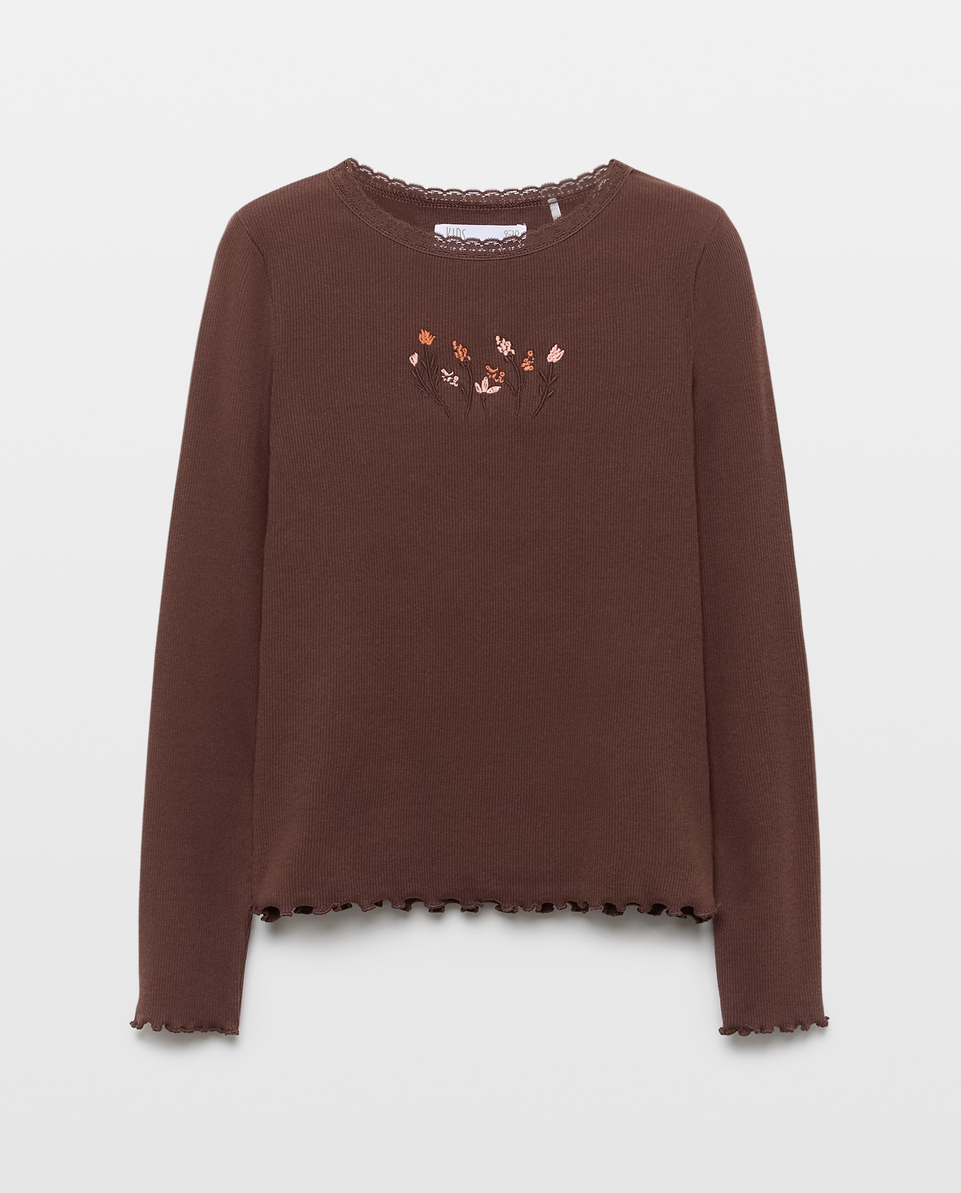 Camiseta manga larga con lace en cuello y pequeño bordado fantasía de niña - Kids El Corte Inglés - Marrón Marrón-1