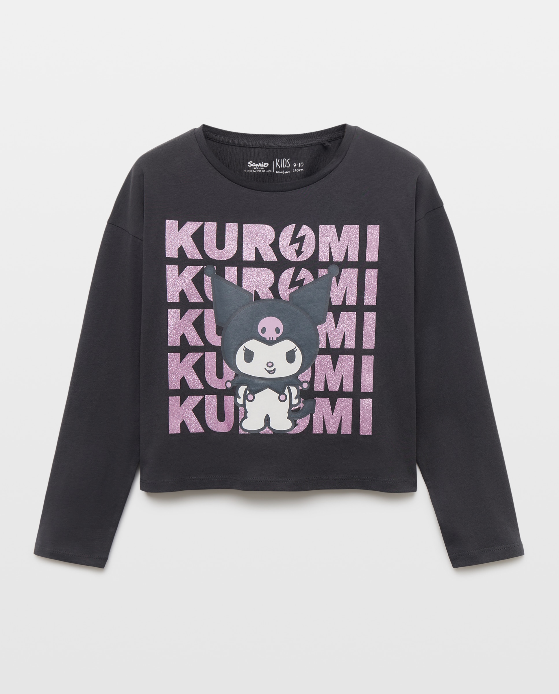 Camiseta manga larga cropped posicional print KUROMI con texto en glitter de niña - Kids El Corte Inglés - Gris Gris-1